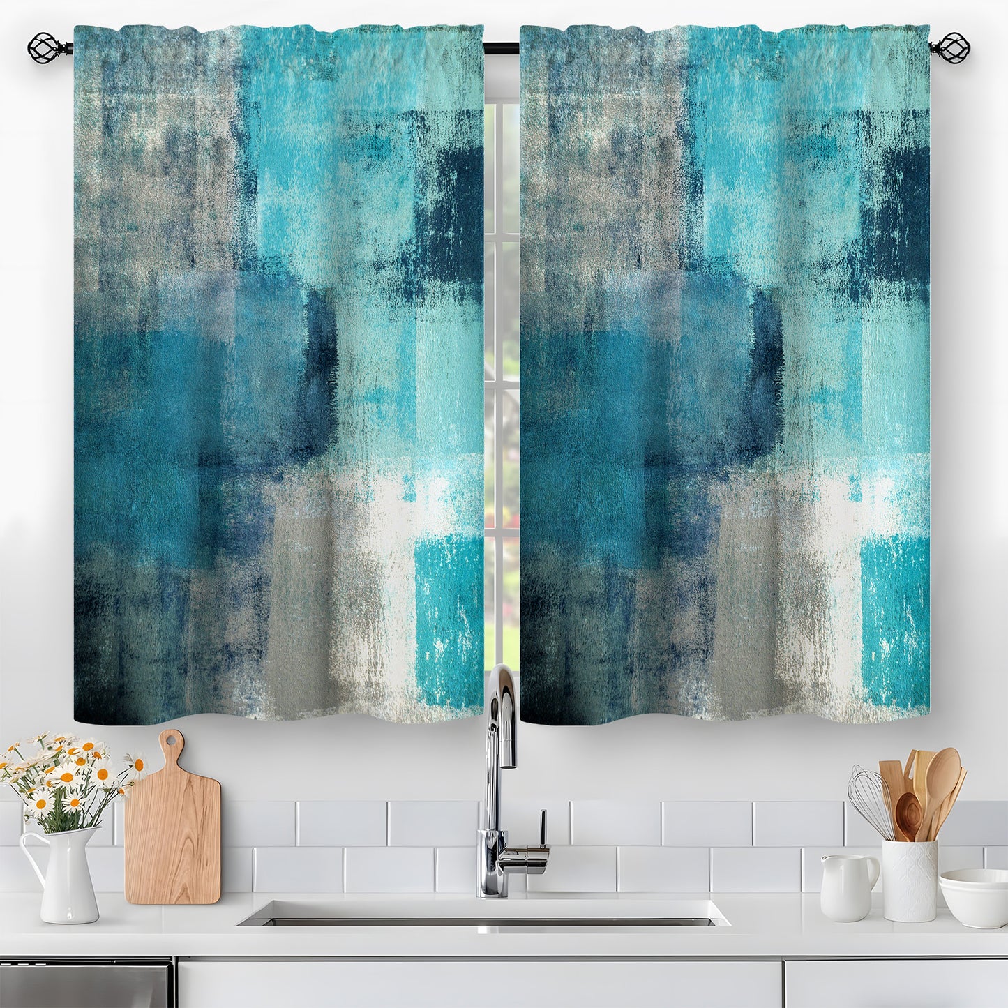 Alishomtll Abstract Kitchen Curtain Tier Living Room Bedroom Turquoise Print Window Drapes 36 Inch Long