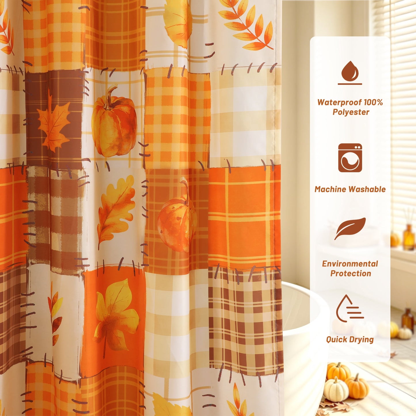 FRAMICS Fall Pumpkin Shower Curtain Sets with Non-Slip Rugs and Hooks, 16-Piece Thanksgiving Leaves Plaid Bathroom Sets, Waterproof Fabric Orange Bathroom Decor Set
