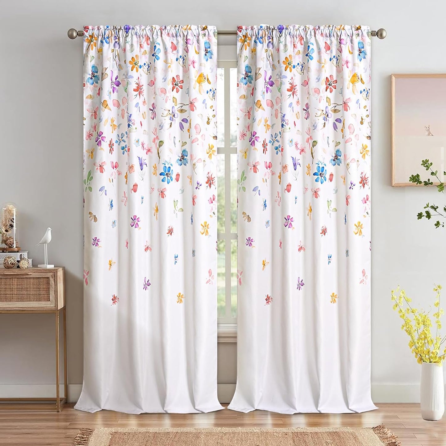Alishomtll Curtains Falling Blossoming Floral Petals Window Drapes for Living Room Light filtering  , 52"x 84",Set of 2,Rod Pocket