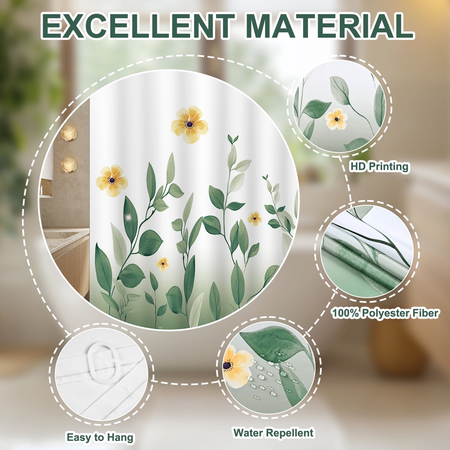 FRAMICS 16-Piece Ombre Floral Shower Curtain Sets with Rugs, Green Eucalyptus Leaves Bathroom Sets, Waterproof Fabric Bathroom Curtain Decor with Hooks