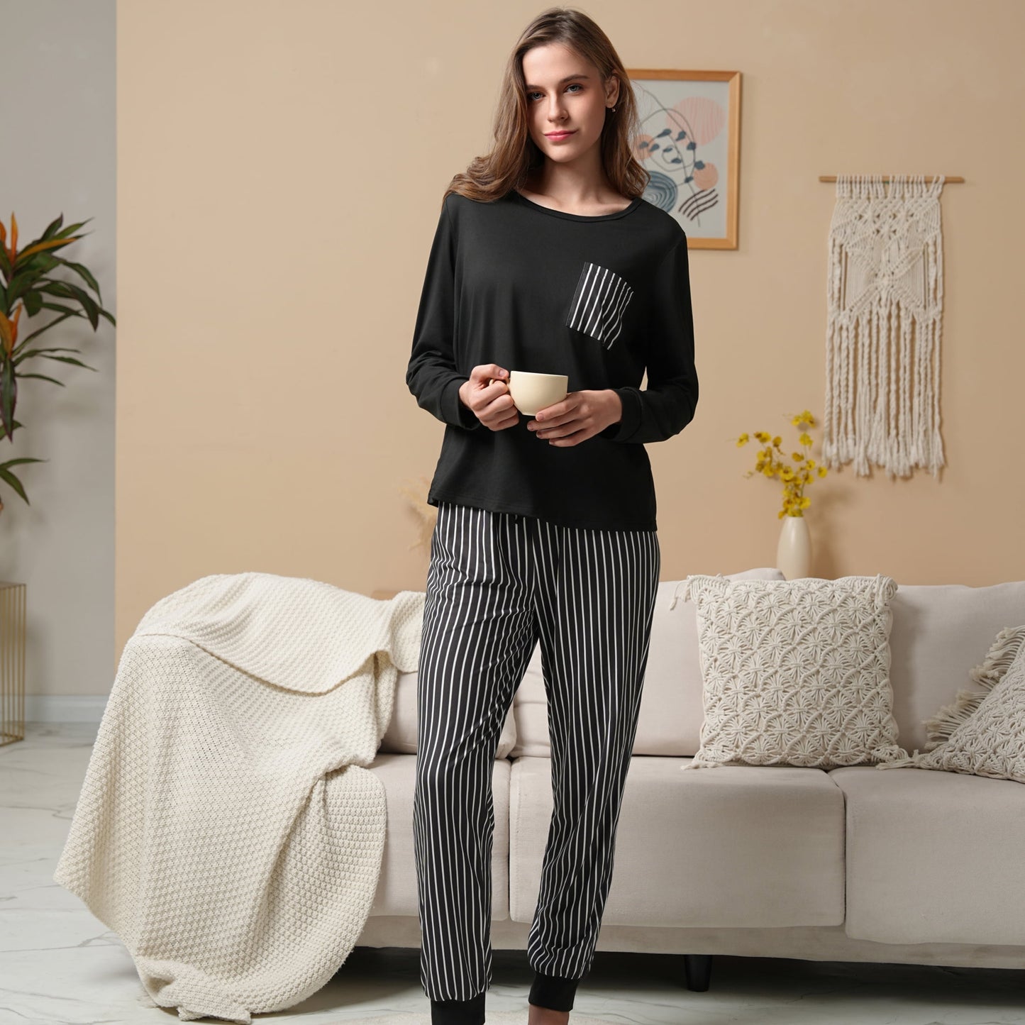 MecTo Women Pajamas Sets Soft Pj Set Long Sleeve Top with Long Pants Sleepwear 5 Piece Lounge Set