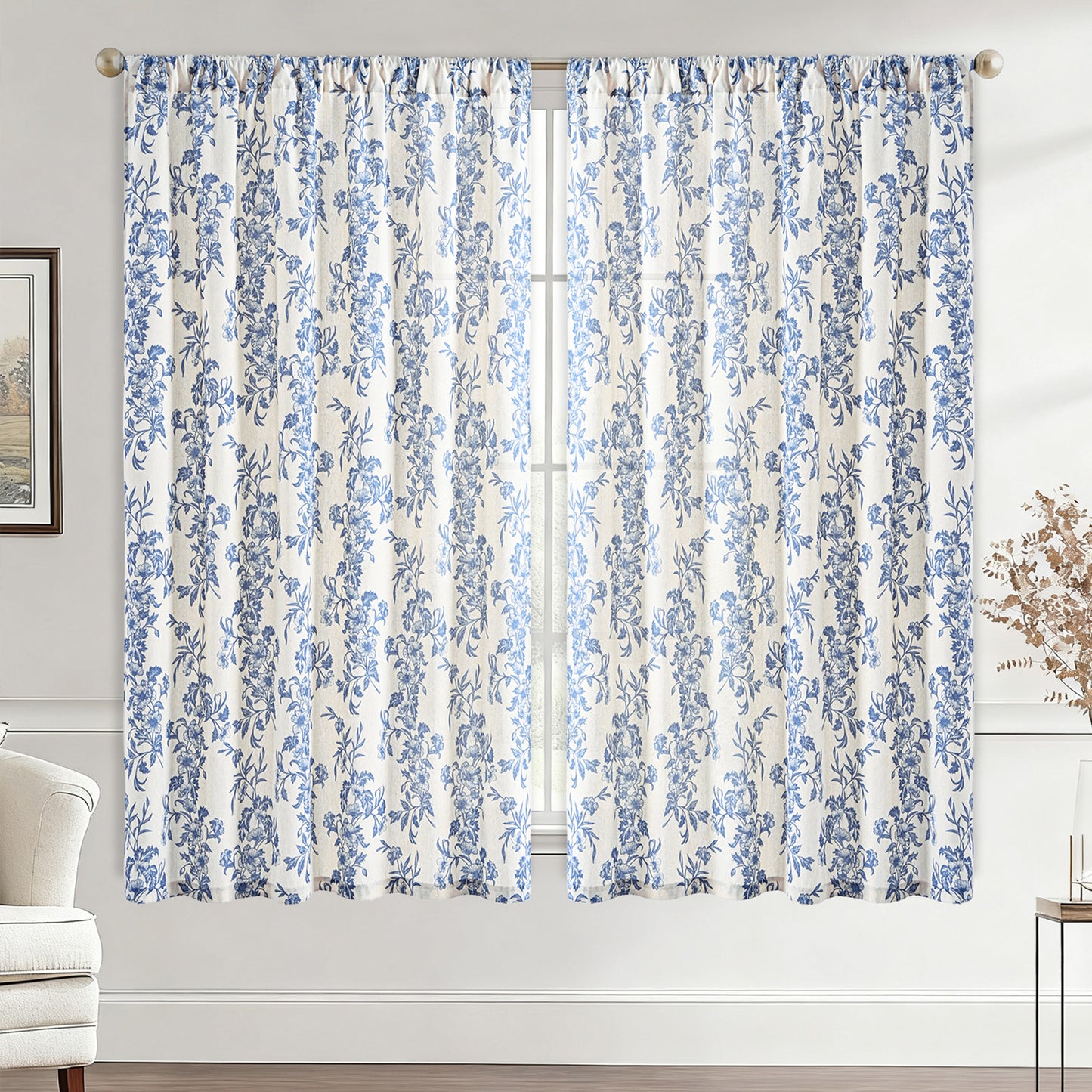 Alishomtll Floral Curtains for Living Room Farmhouse Country Linen Curtains Light Filtering Window Drapes,Blue ,52"x63", 2 Panels