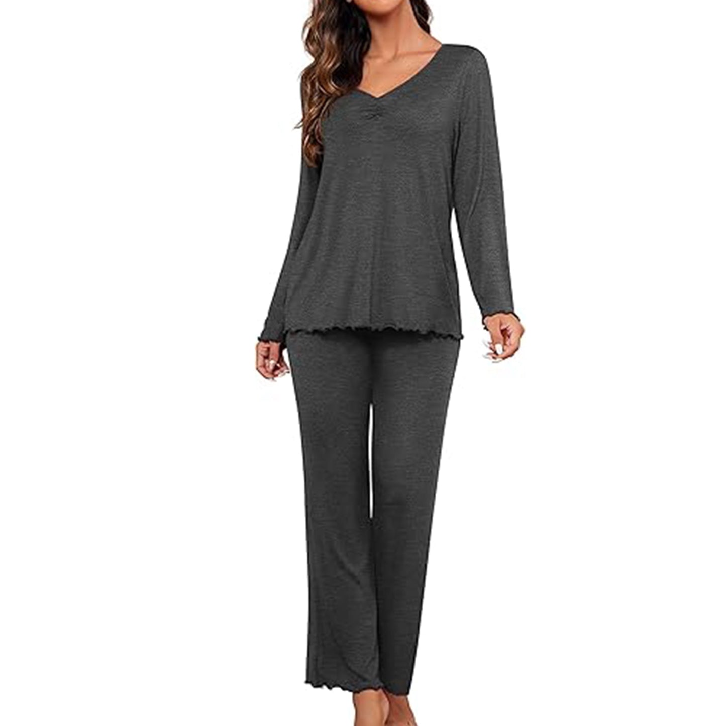 MecTo Women Pajama Sets Cotton Pj Set Long Sleeve Top with Long Pants Sleepwear 2 Piece Lounge Set
