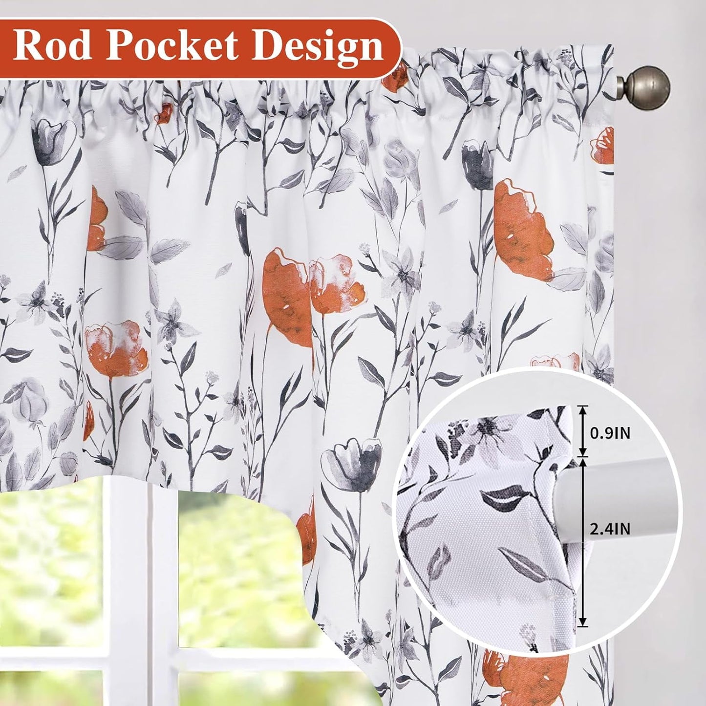 Alishomtll Kitchen Curtains Valances Swags for Windows Orange Floral Printed Window Drapes, 61" W x 36"