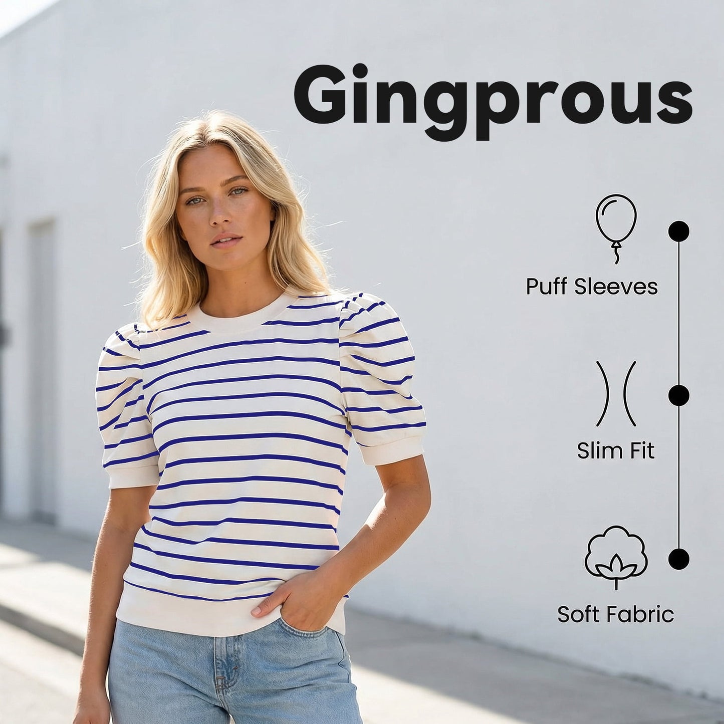 Gingprous Womens Striped Puff Sleeve T-Shirt Casual Crew Neck Knit Top Short Sleeve Summer Spring Blouse