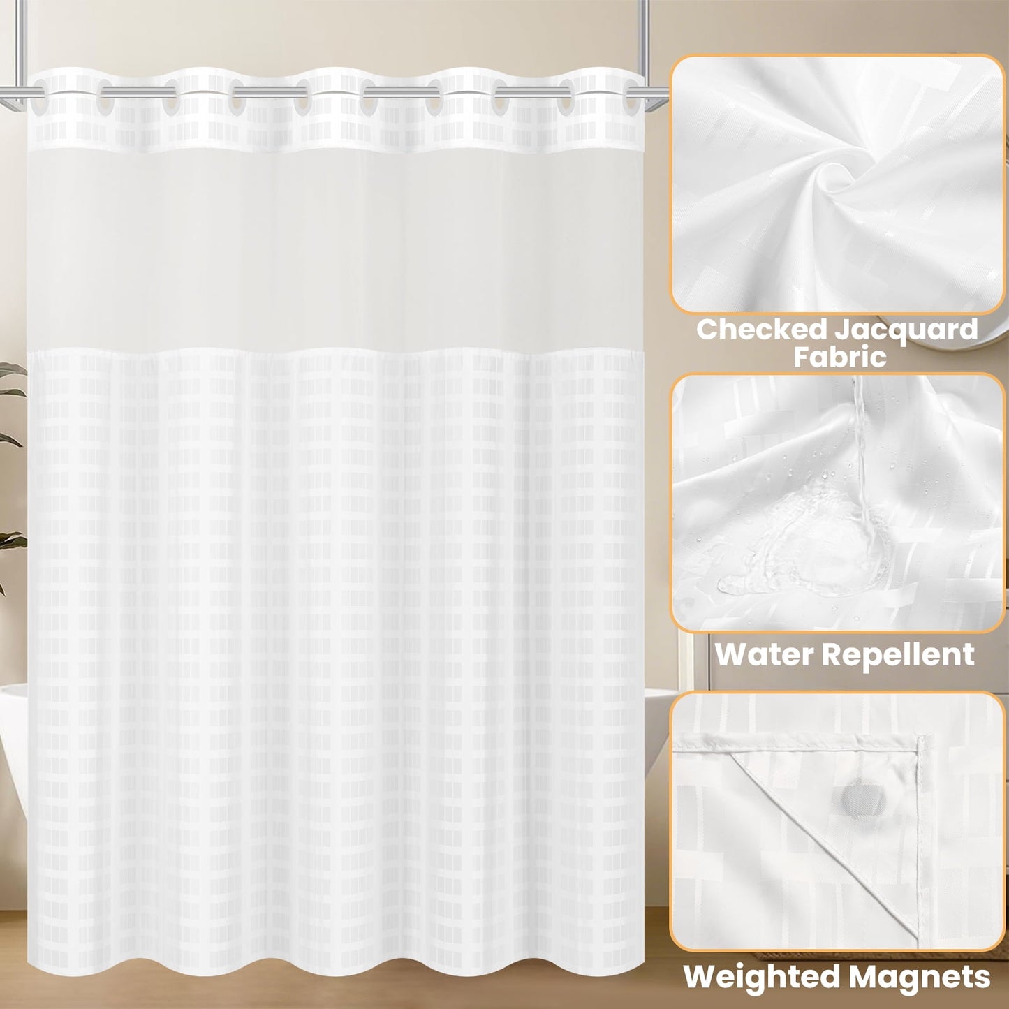 FRAMICS No Hook Shower Curtain Sets with Rug, Checkered Textured Waterproof Fabric Bathroom Sets with with Mesh Top Window, Hotel Grade, White, 70.9" x 74.8"