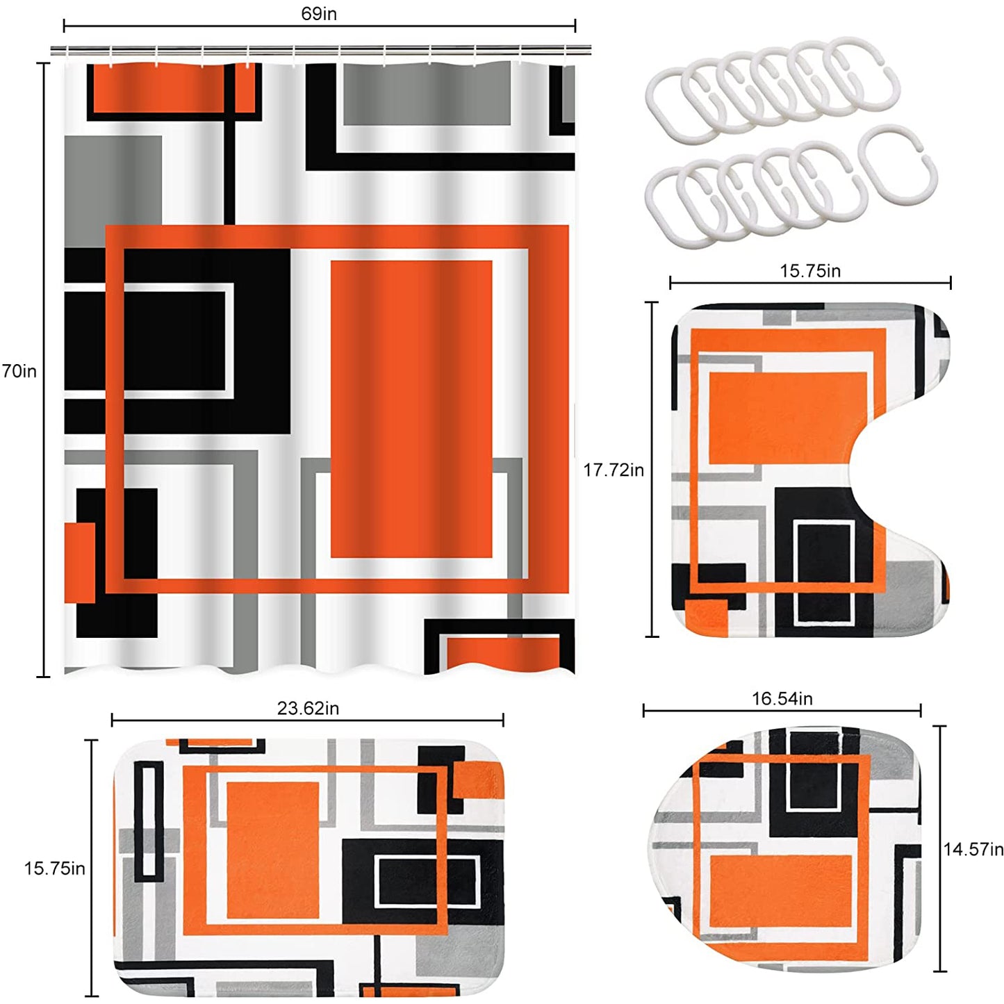 FRAMICS Orange Geometric Shower Curtain Sets with Rugs, 16 Pc Modern Abstract Bathroom Sets, Waterproof Fabric Bathroom Curtain Decor with Hooks