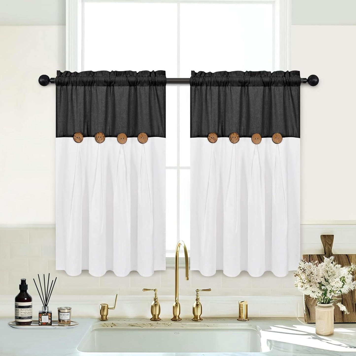 Alishomtll Linen Farmhouse White Boho Button Solid Print Rod Pocket Light Filtering Curtains, 26" x 36" (2 Panels),Black white
