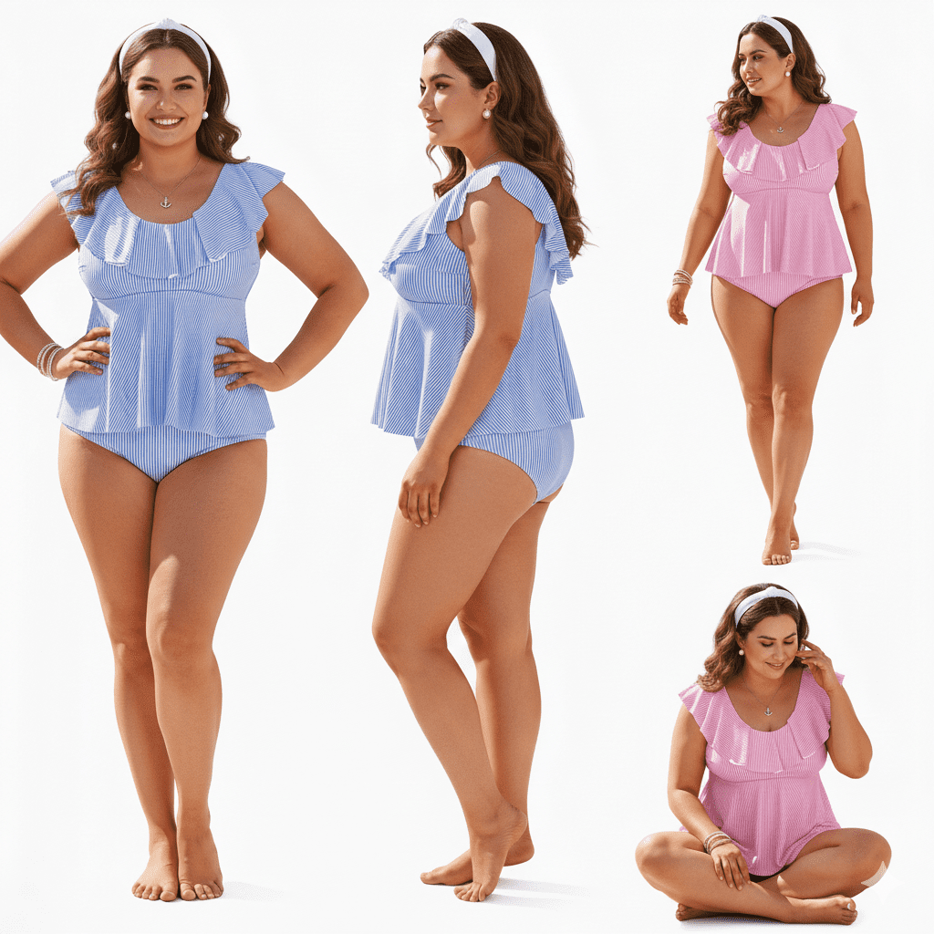 MecTo Tankini Swimsuits for Women Plus Size 2 Piece Swimsuit, Striped Ruffle Bikini Bathing Suit Swimwear