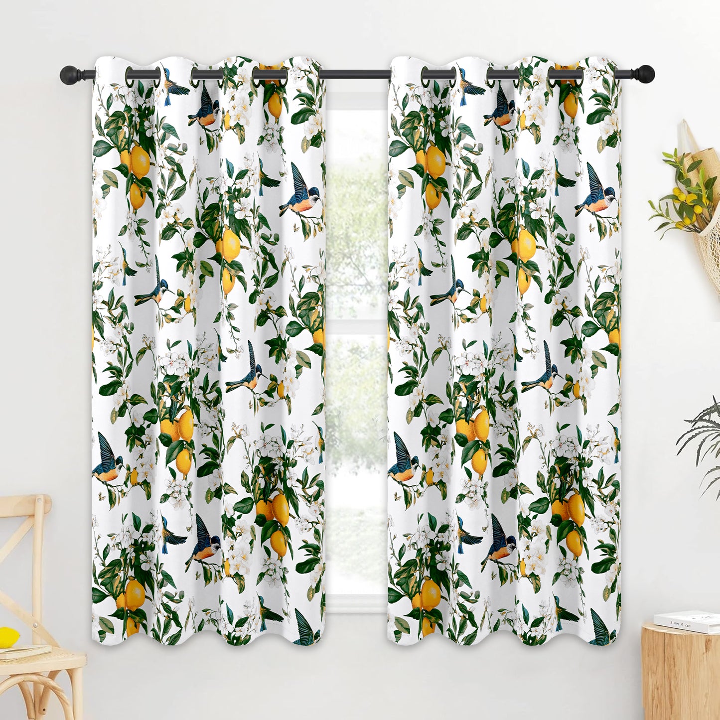 Alishomtll Floral Lemon Hummingbird Blackout Curtains Room Darkening Grommet Window Drapes for Living Room , 52"x63", ,Set of 2 Panels,White