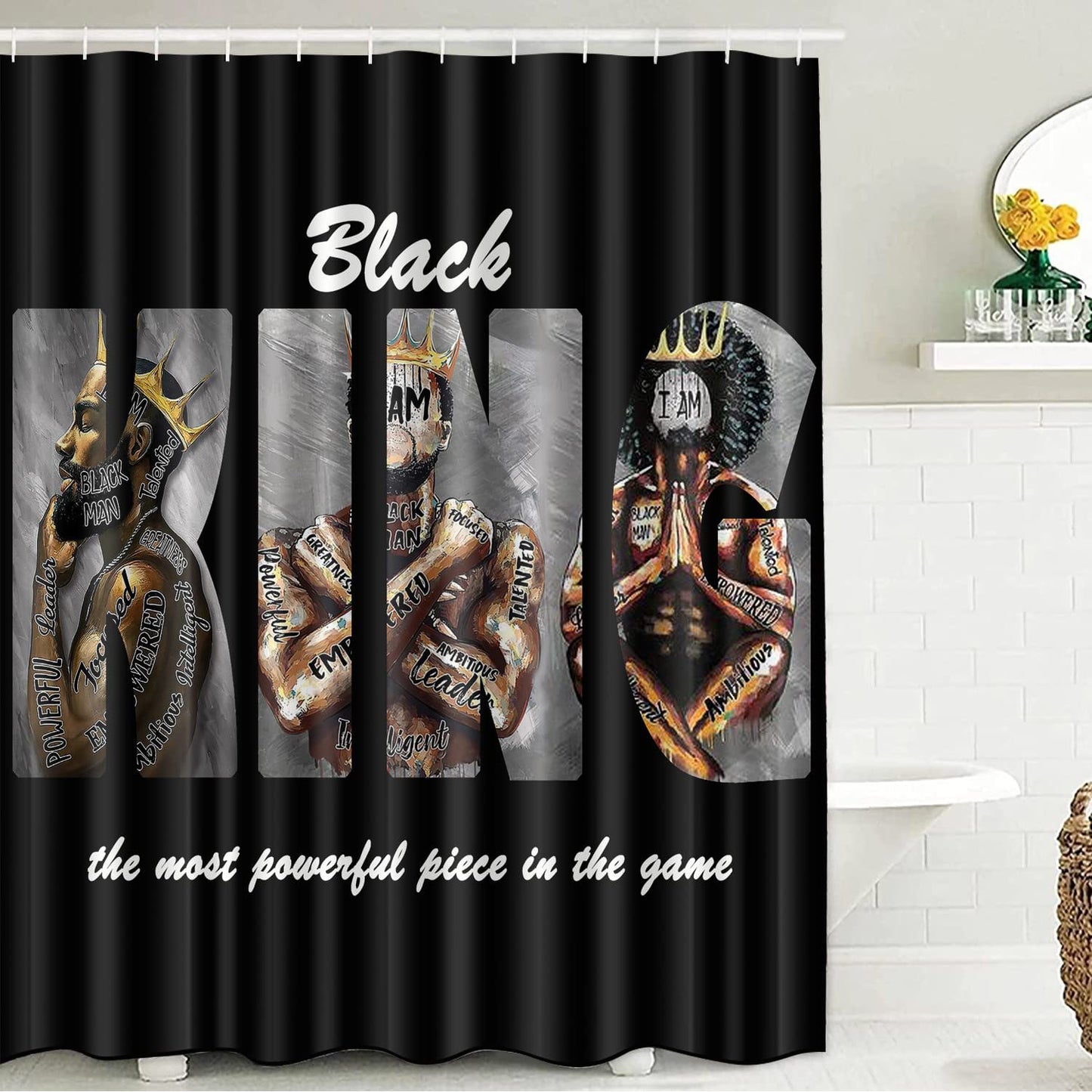 FRAMICS Black Kings Shower Curtain and Rug Sets, 16 Pc African American Man Bathroom Sets, Waterproof Fabric Shower Curtain with 12 Hooks and Toilet Rugs