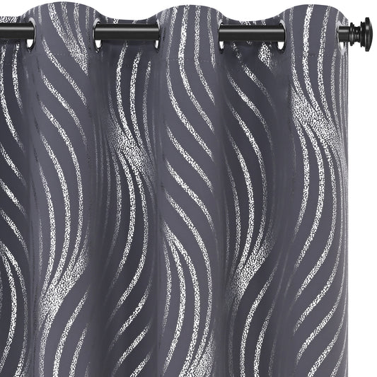 Alishomtll Dark Gray Blackout Curtains for Living Room ,Modern Metallic Silver Wave Pattern Bedroom Thermal Insulated Drapes ,2 Panel Set,52"x63"