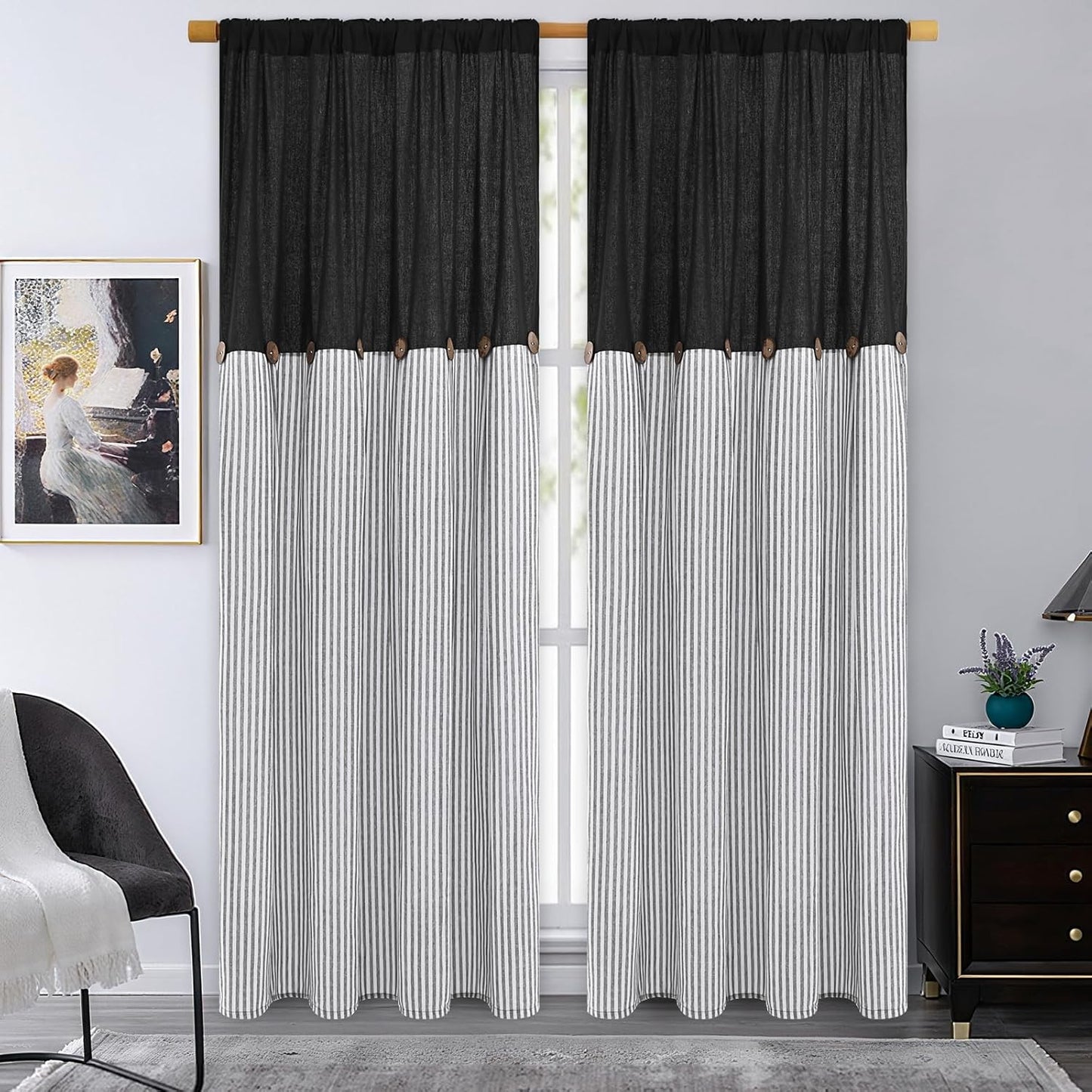 Alishomtll Farmhouse Curtains Natural Stripe Cotton Linen Button Boho Rustic Rod Pocket Back Tab Window Drapes for Living Room , 2 Panels