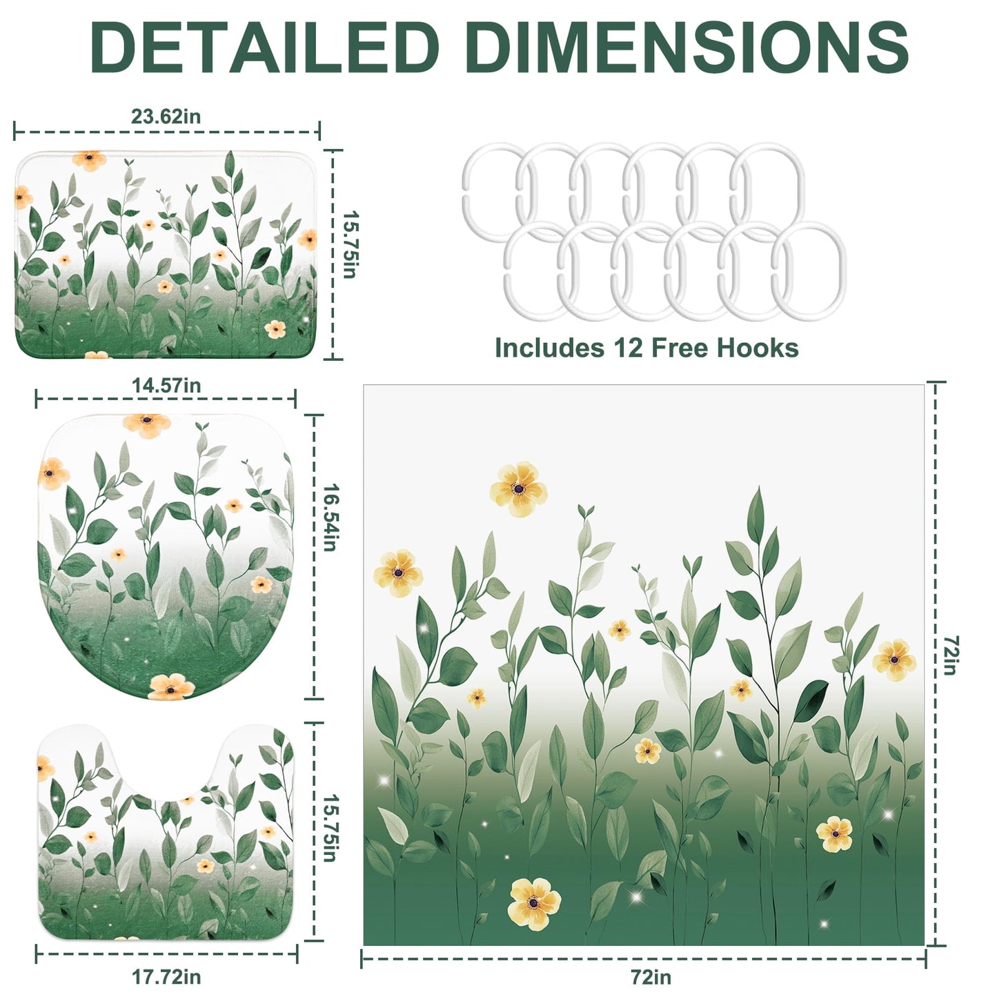 FRAMICS 16-Piece Ombre Floral Shower Curtain Sets with Rugs, Green Eucalyptus Leaves Bathroom Sets, Waterproof Fabric Bathroom Curtain Decor with Hooks