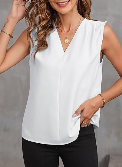 Gingprous V Neck Pleated Tank Tops for Women Sleeveless Casual Business Blouse Summer Spring Lightweight Comfy Vest Shirt