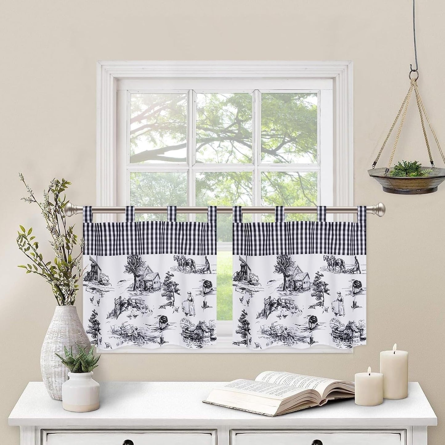Alishomtll Linen Toile Tier Curtains for Kitchen Buffalo Plaid Short Window Curtain Sets ,Black and White
