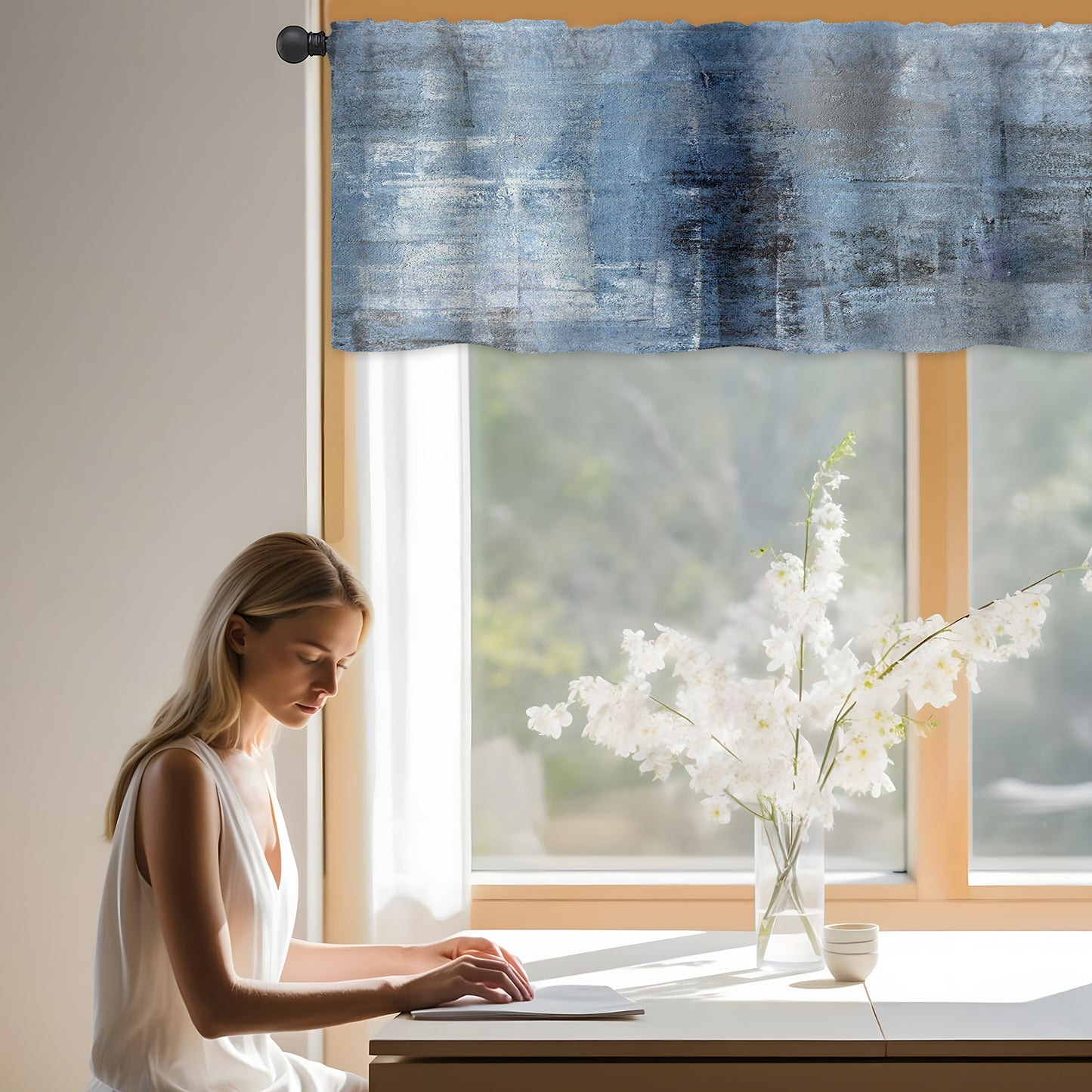 Alishomtll Curtain Valances for Kitchen Living Room Bedroom Blue Grey Rod Pocket Valance ,54 x 18 inch