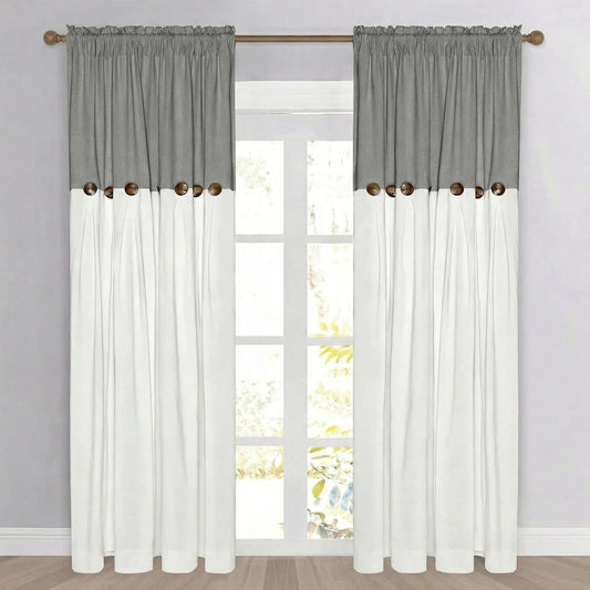 Alishomtll Linen Curtains Farmhouse Boho Button Light Filtering Window Drapes For Living Room Bedroom,Rod Pocket,84"L x 52"W, 2 Panel,Gray White