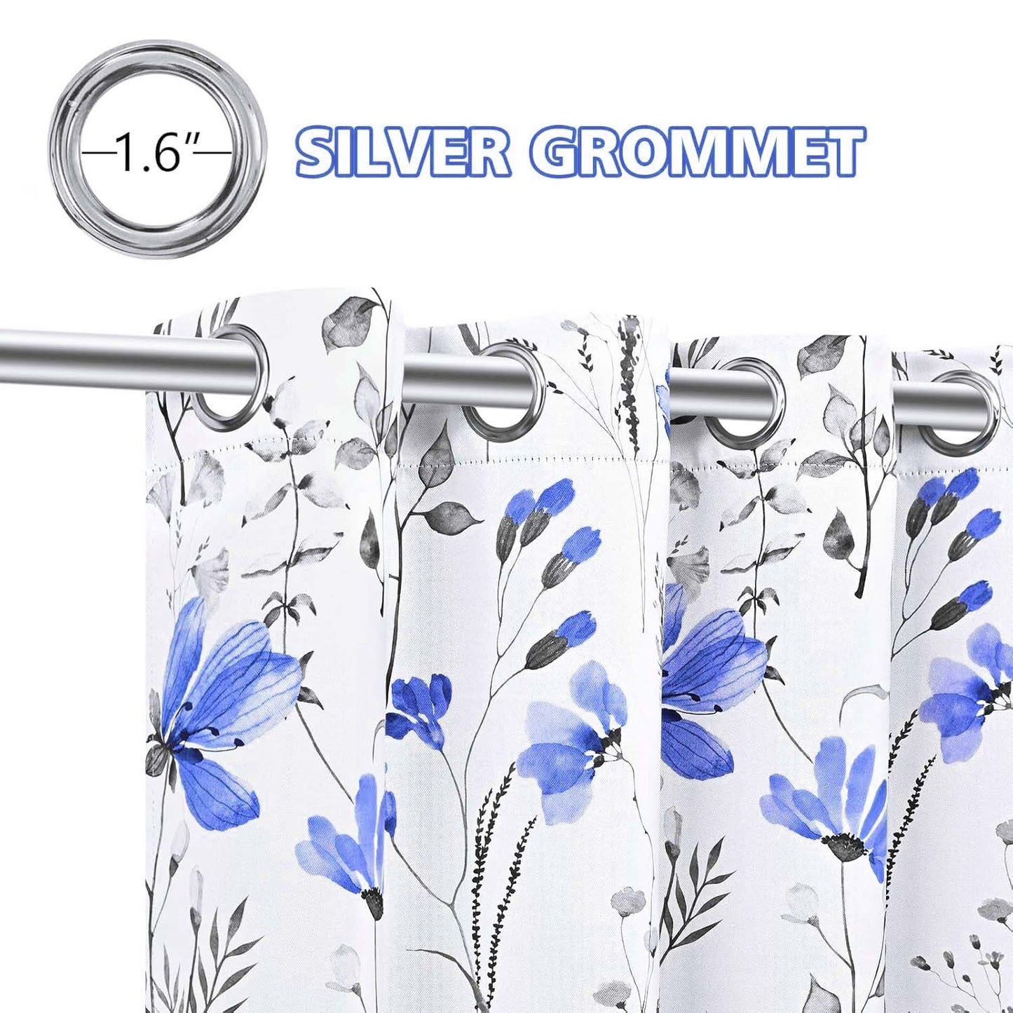 Alishomtll Blue Floral Blackout Curtains for Living Room Bedroom Energy Efficient Thermal Insulated Grommet Window Drapes, 52"x 84",Set of 2