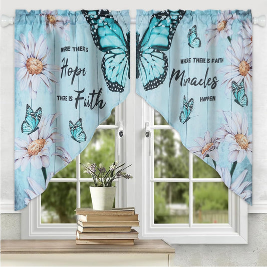 Alishomtll Kitchen Curtains Swags for Windows Butterfly Floral Printed Window Drapes,28" W x 36" L,2 Panels，Rod Pocket,Teal