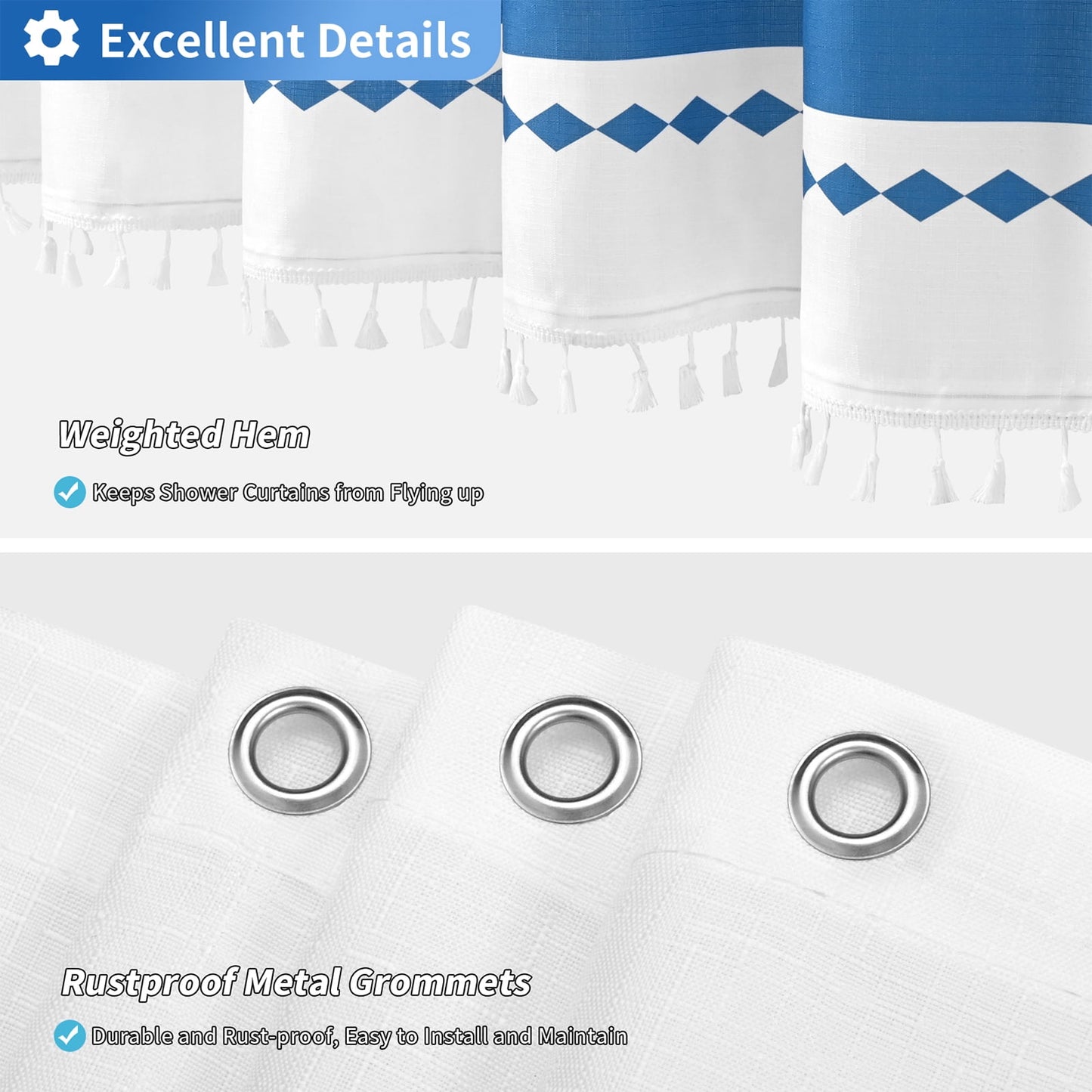 FRAMICS Striped Tassel Shower Curtain Sets with Bath Rug, Boho Farmhouse Bathroom Sets with Hooks, Heavy-Duty Fabric Slub Textured, Water-Repellent and Washable, 72" x 72", Blue