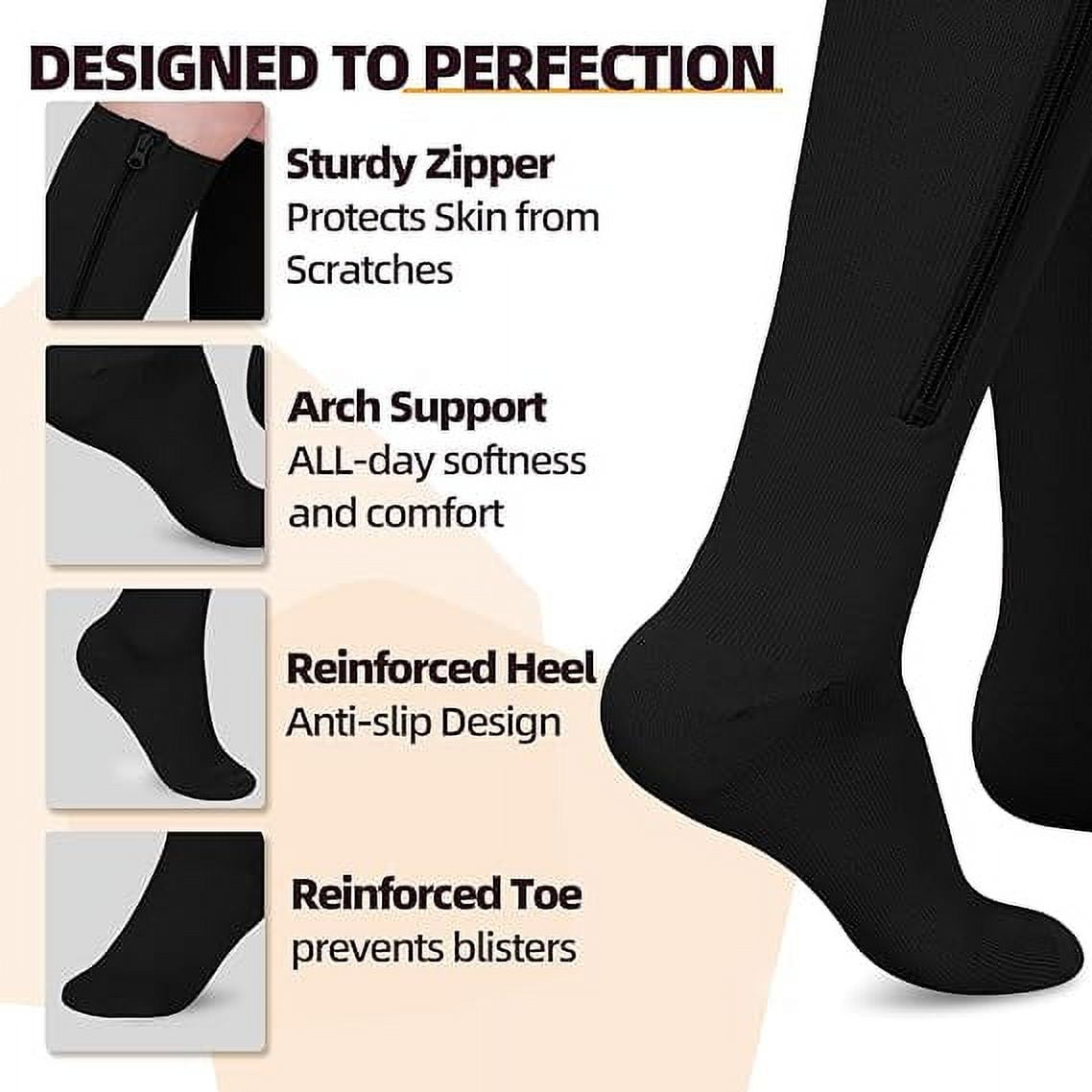2 Pairs Wukang Zipper Compression Socks for Women & Men, 15-20 mmHg Closed Toe Compression Stocking with Zipper (Black+Beige)