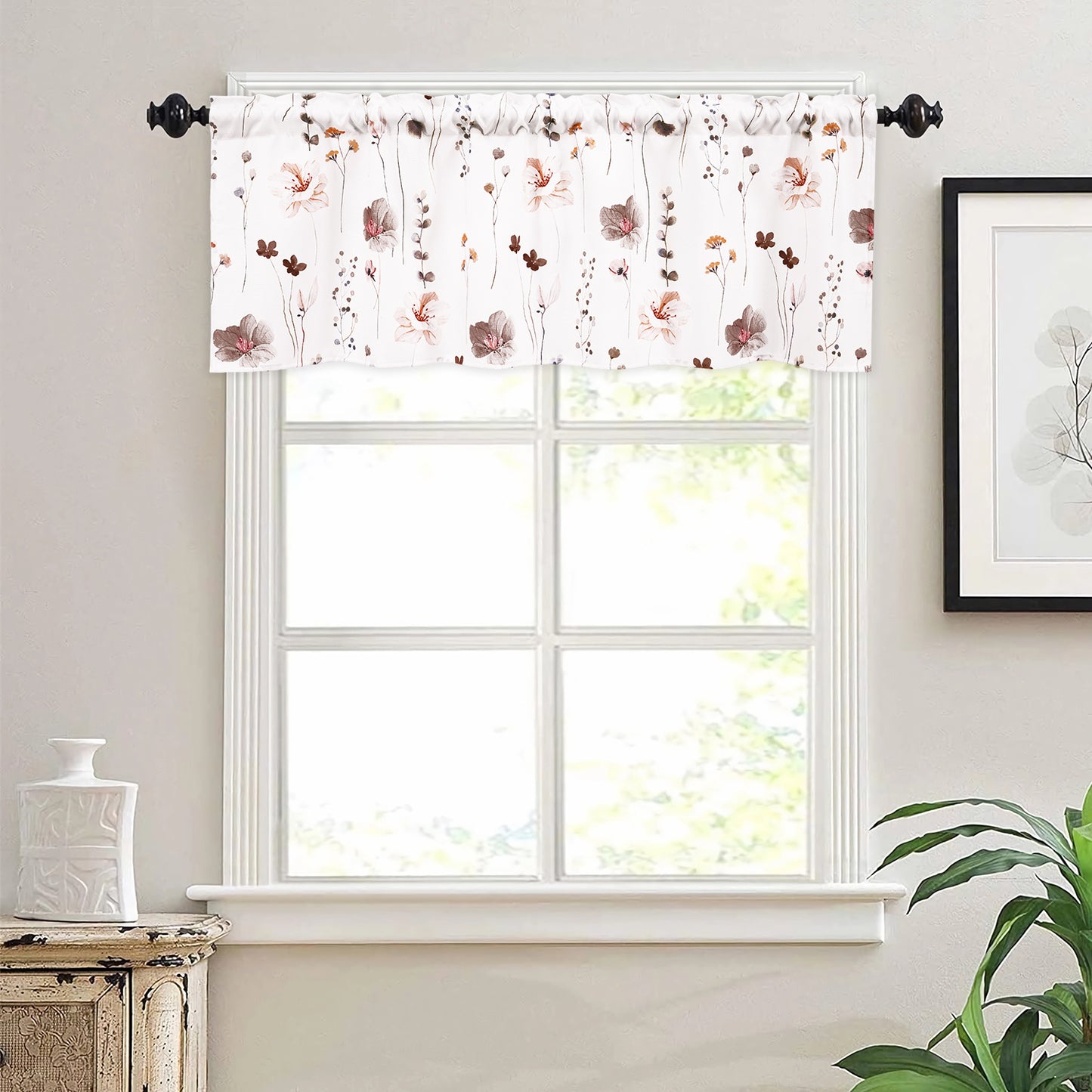 Alishomtll Floral Valance Curtains Kitchen Brown Wildflower Flower Leaf Windows Drapes,52 x 18 inch,Rod Pocket