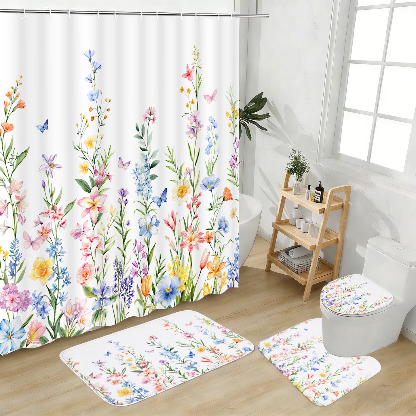 FRAMICS 16-Piece Floral Shower Curtain Sets with Rugs, Watercolor Wildflower Bathroom Sets with Hooks, Waterproof Fabric Bathroom Curtain, Machine Washable