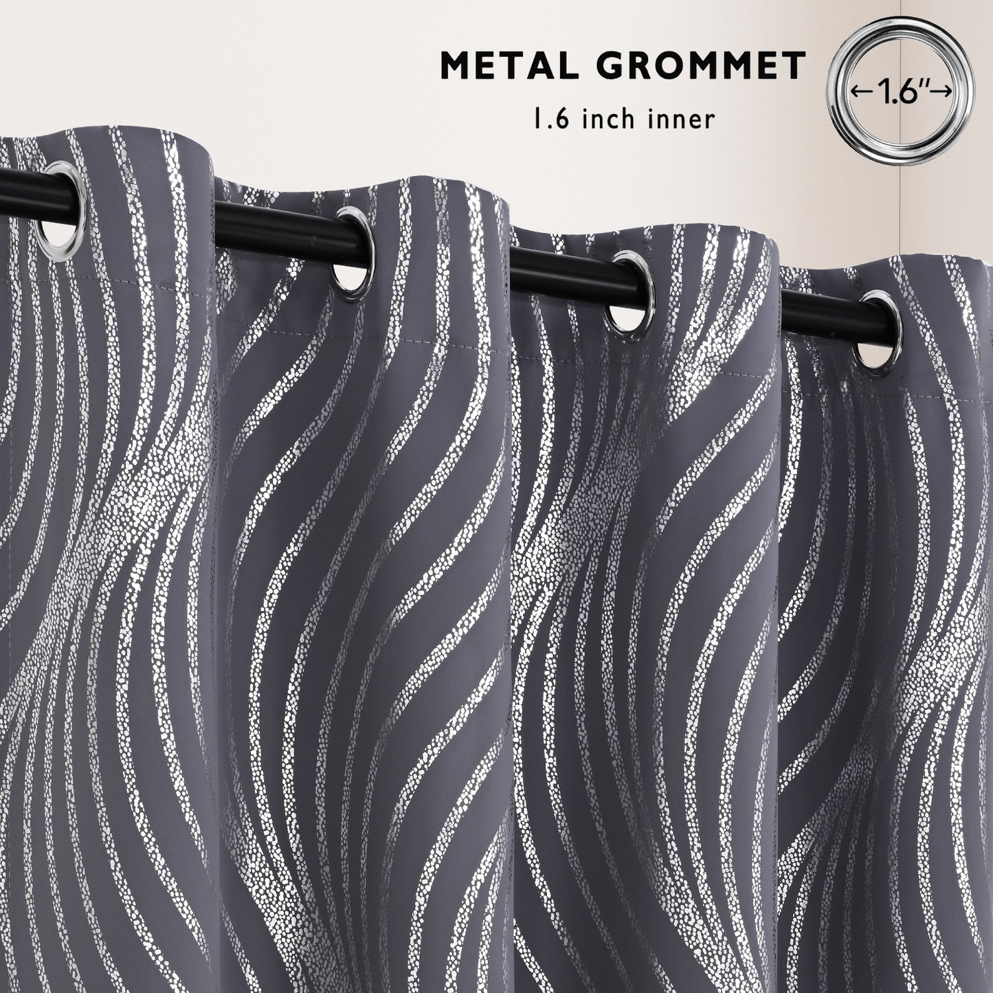 Alishomtll Dark Gray Blackout Curtains for Living Room ,Modern Metallic Silver Wave Pattern Bedroom Thermal Insulated Drapes ,2 Panel Set,52"x84"