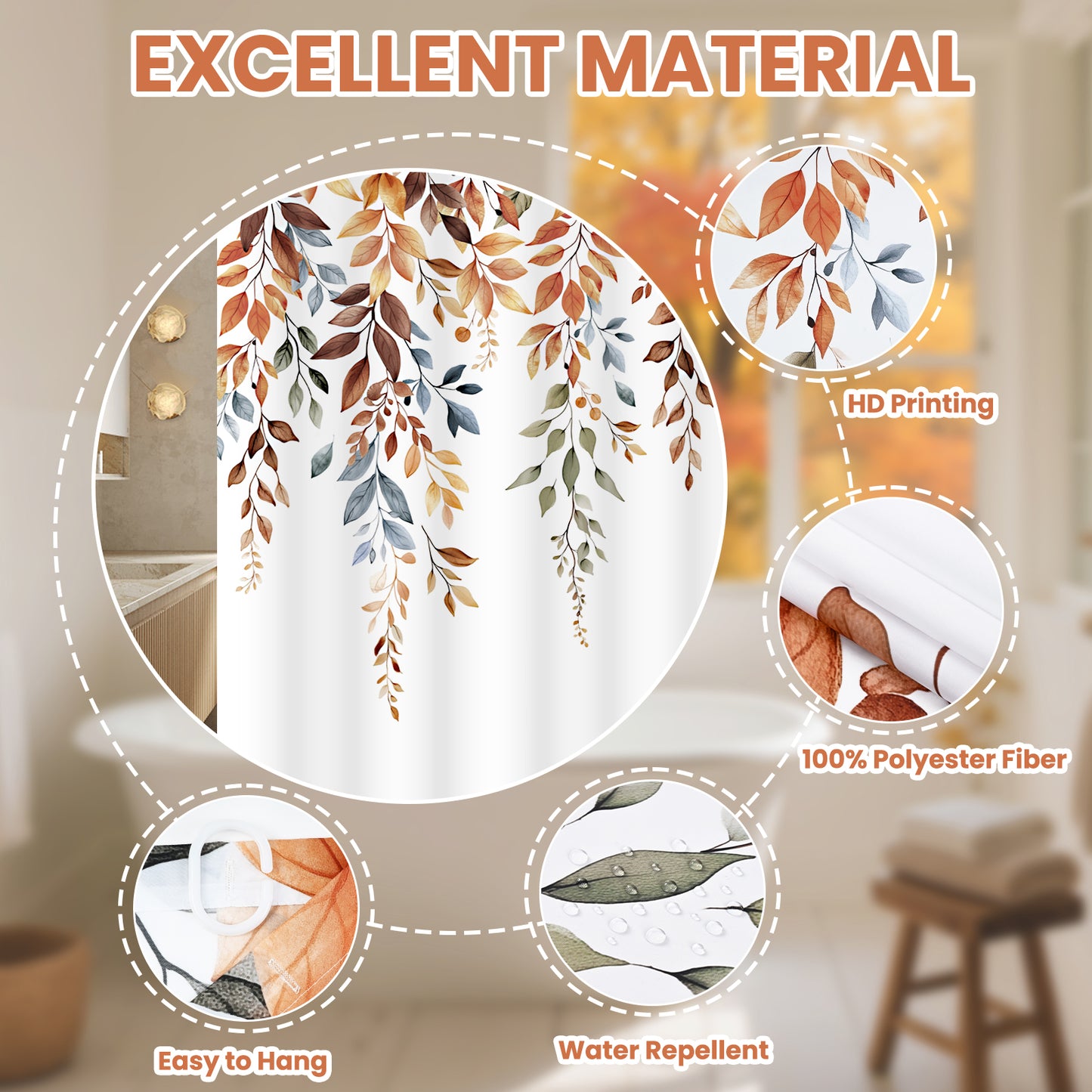 FRAMICS 16-Piece Fall Eucalyptus Shower Curtain Sets with Rugs, Watercolor Plant Leaves Bathroom Sets, Waterproof Fabric Bathroom Curtain Decor with Hooks