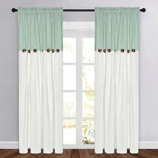 Alishomtll Linen Curtains Farmhouse Boho Button Light Filtering Window Drapes For Living Room Bedroom,Rod Pocket,84"L x 52"W, 2 Panel,Teal White