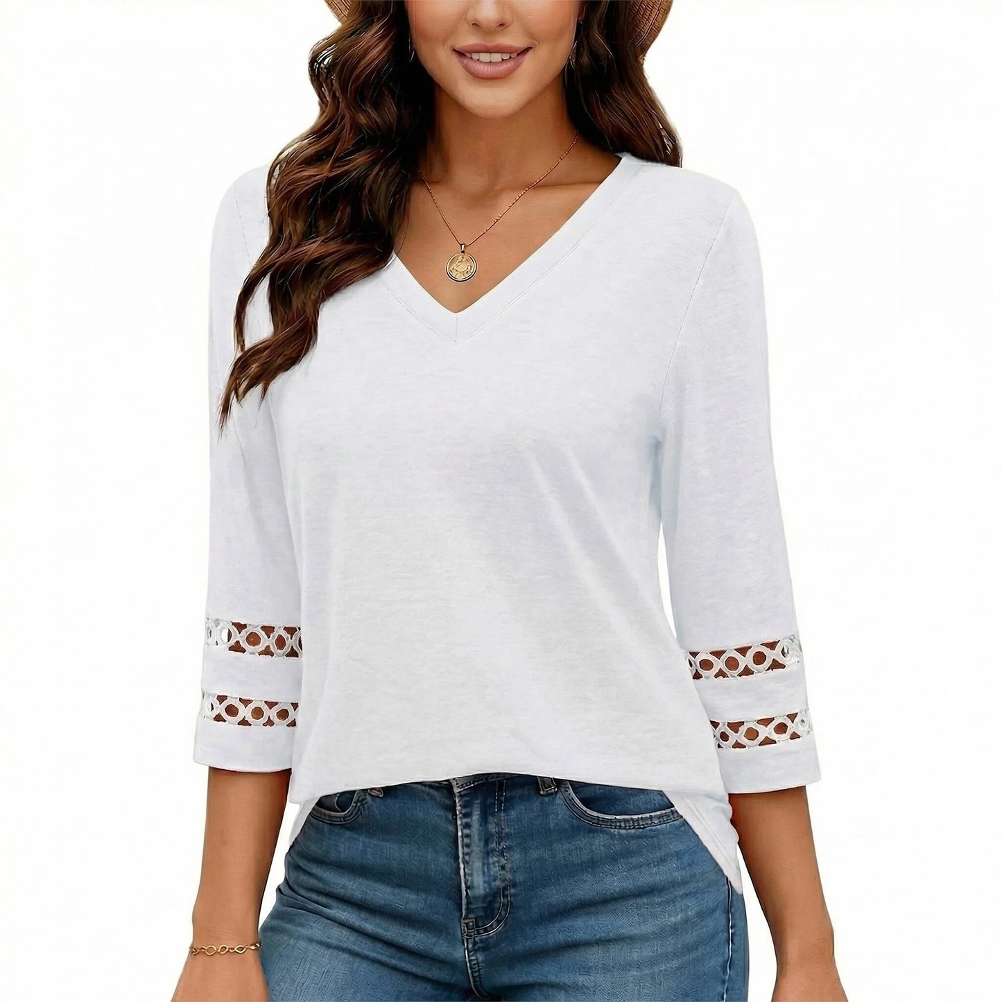 Gingprous 3/4 Sleeve Womens V-Neck Tunic Blouse Hollow Out Lace Sleeve Tops Curved Hem Casual Shirt