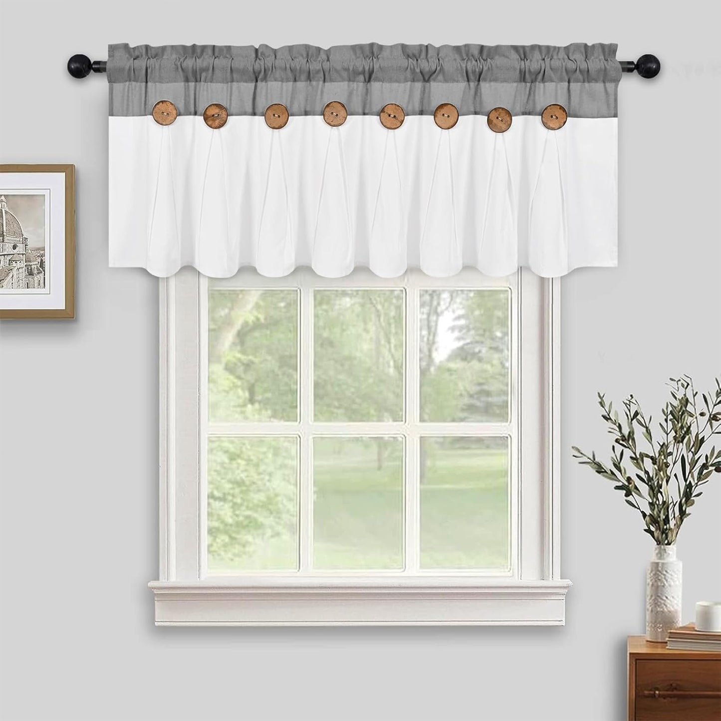 Alishomtll Linen Valance Farmhouse Boho Button Kitchen Curtains ,Rod Pocket,18"L x 52"W, Gray White