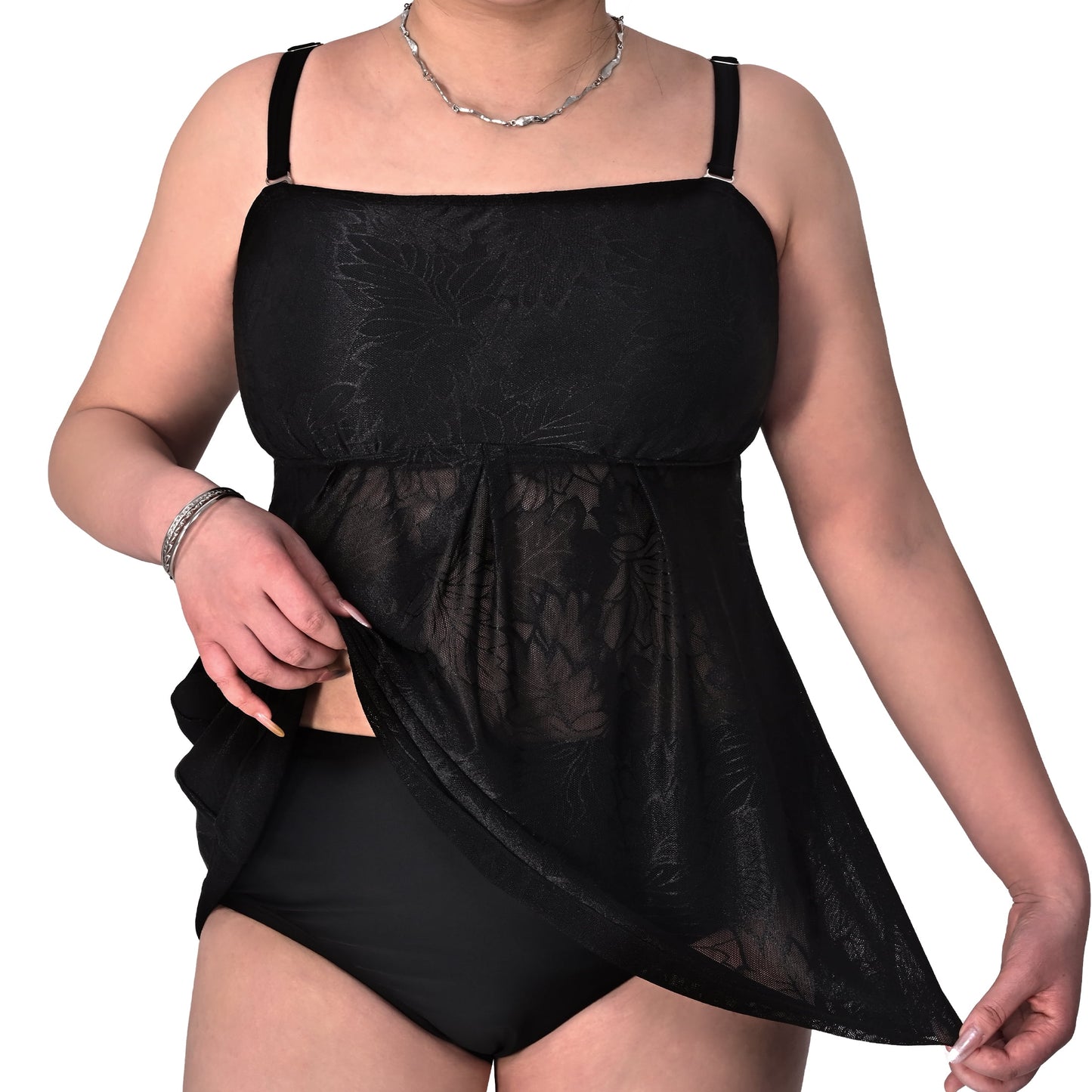 MecTo Women’s Plus Size Swimsuit Lace Jacquard Tankini Set High Waist Tummy Control Casual Beach Vacation Swimwear
