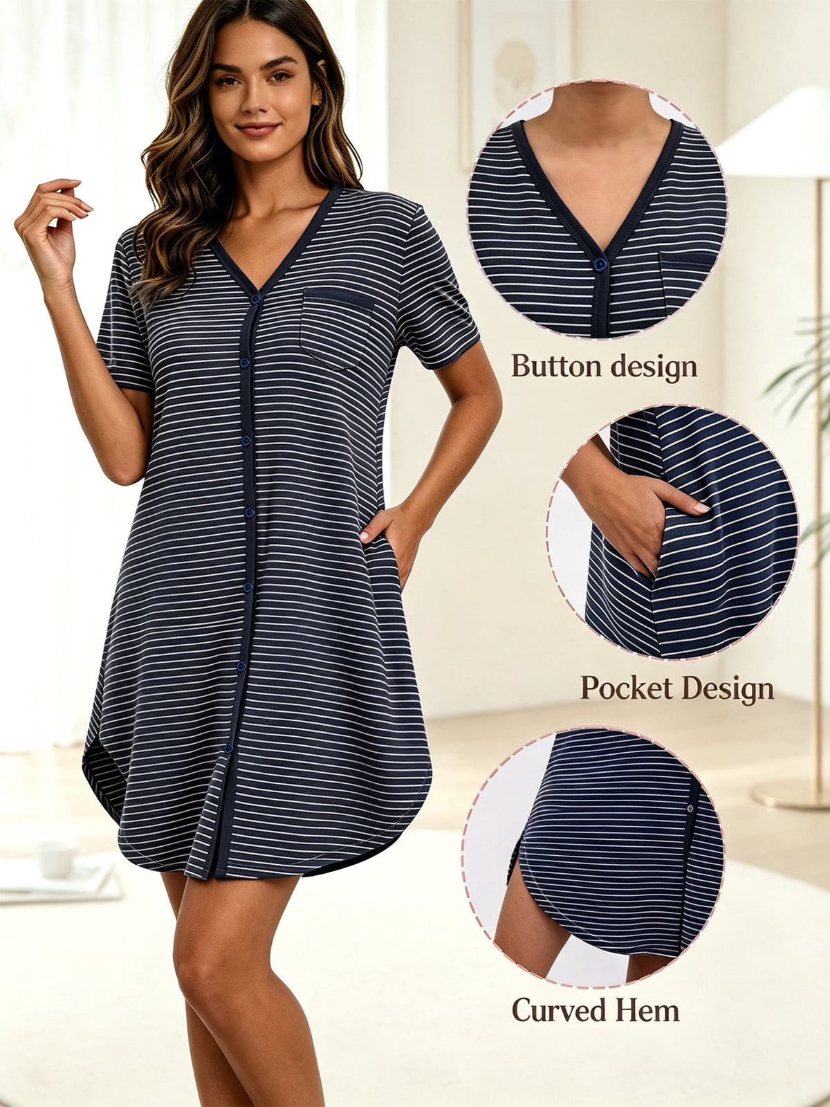 MecTo Sleepwear Button Down with Pockets Cotton, Nightgowns (Women's)