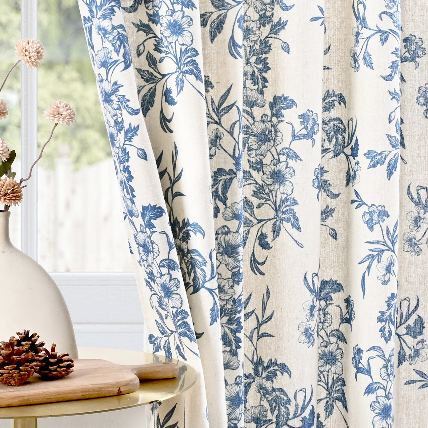 Alishomtll Floral Curtains for Living Room Farmhouse Country Linen Curtains Light Filtering Window Drapes,Blue ,52"x63", 2 Panels