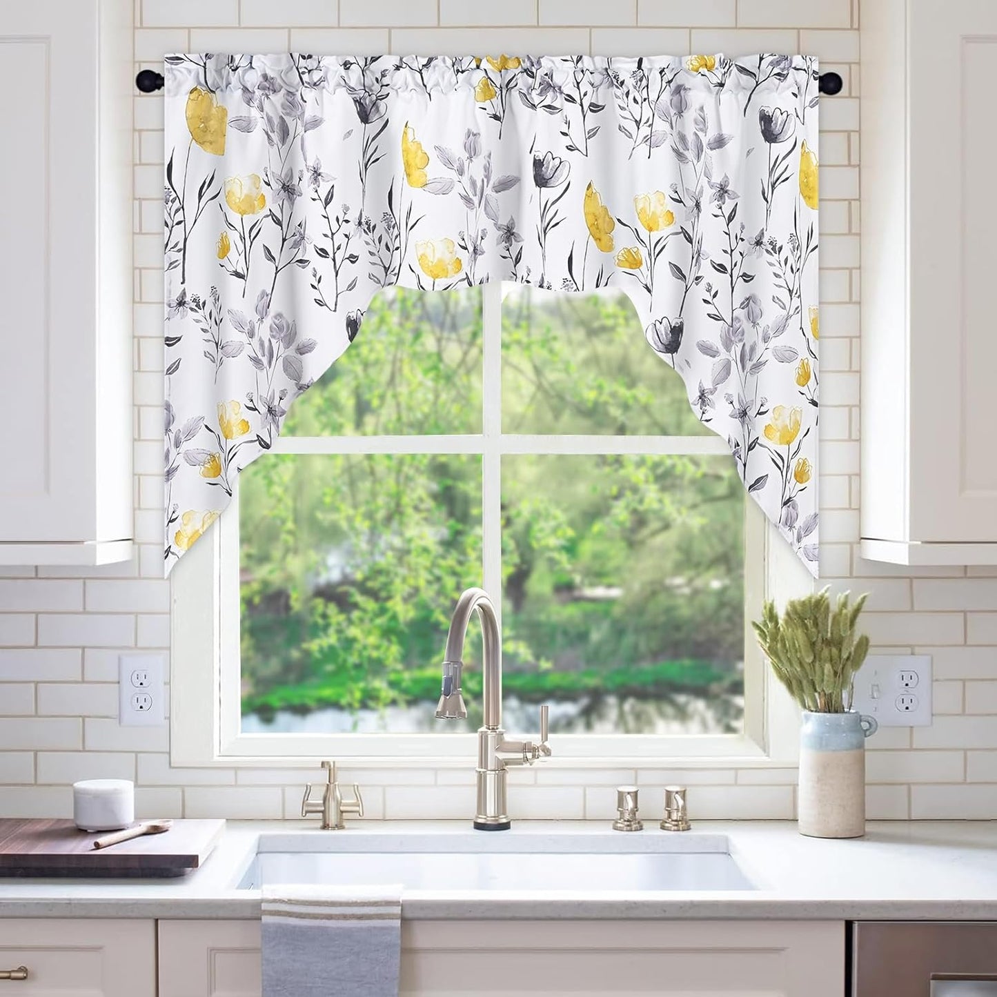 Alishomtll Kitchen Curtains Valances Swags for Windows Yellow Floral Printed Window Drapes,61" W x 36" L,Rod Pocket