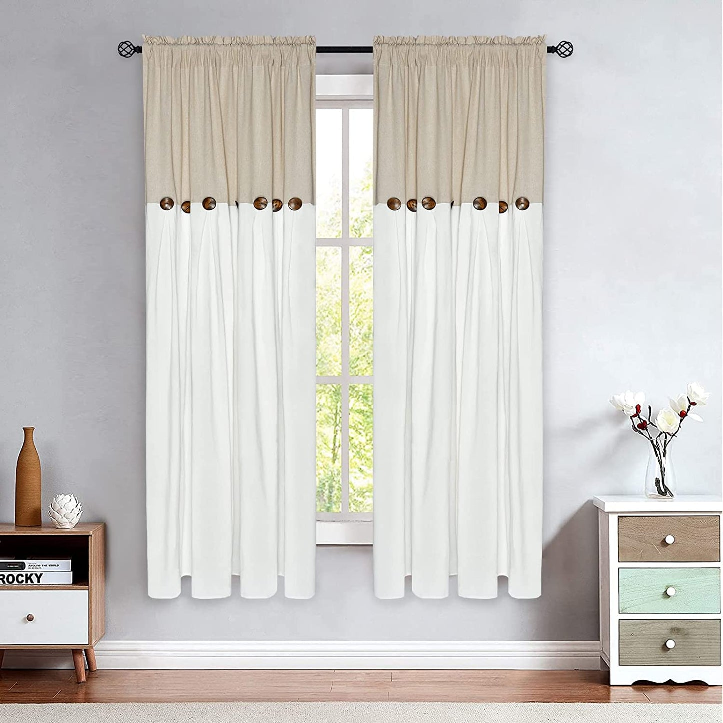 Alishomtll Linen Curtains Farmhouse Boho Button Light Filtering Window Drapes For Living Room Bedroom,Rod Pocket,63"L x 52"W, 2 Panel,White Linen