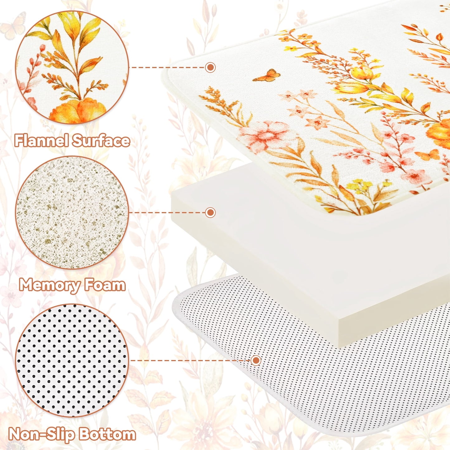 FRAMICS Fall Floral Shower Curtain Sets with Rugs, Waterproof Fabric Watercolor Flower Bathroom Sets with Hooks, Orange, 72" x 72"