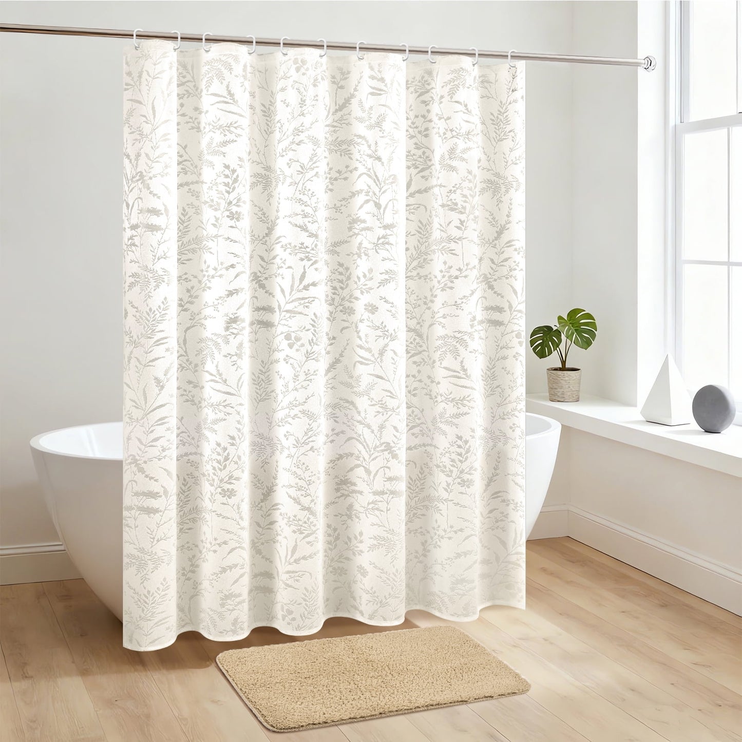 FRAMICS Vintage Lace Shower Curtain Sets with Rug and Hooks, Waterproof Fabric Semi Sheer Leaf Floral Bathroom Sets, Mold Resistant, Beige