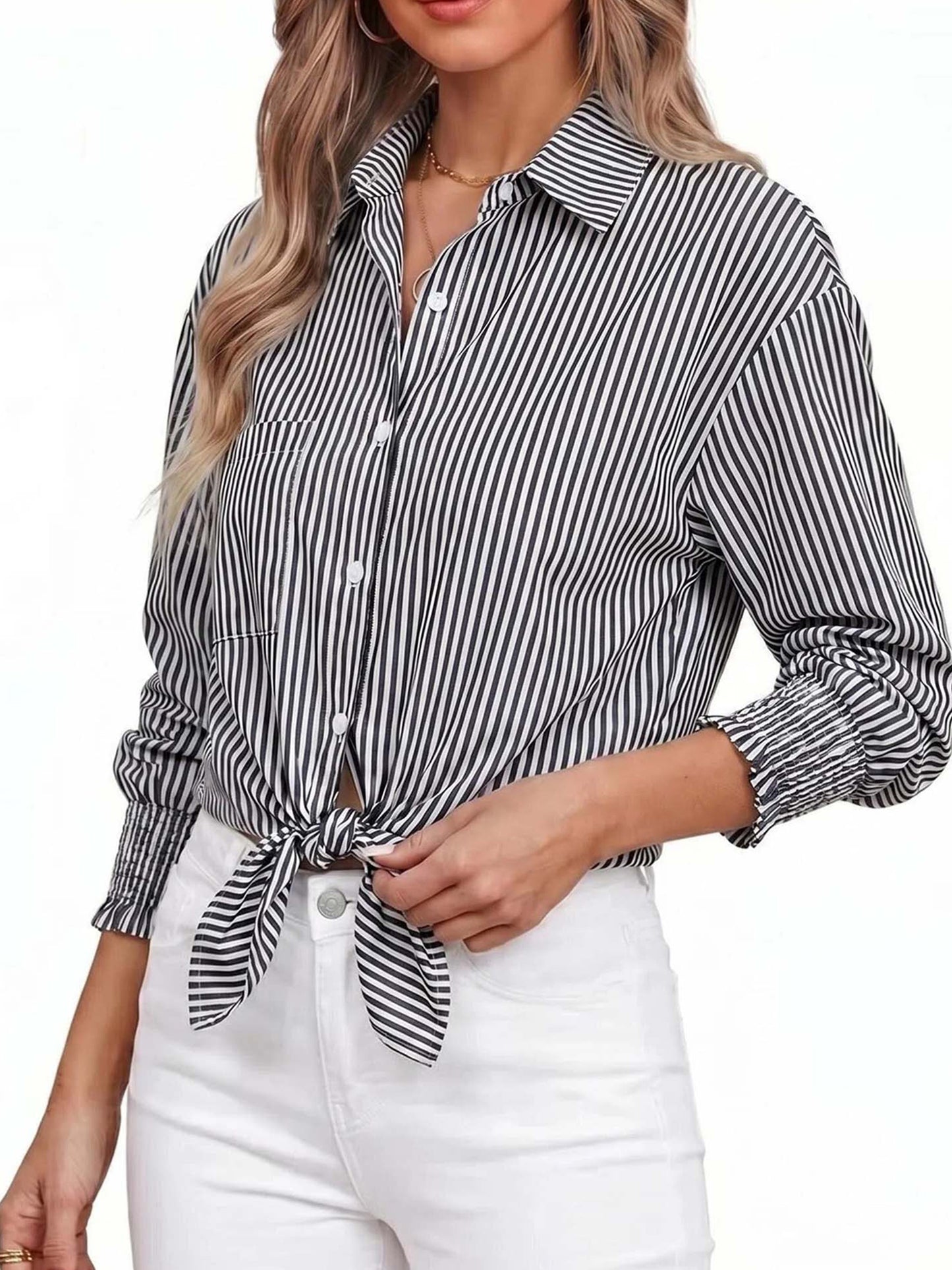 Gingprous Women Striped Button Down Shirt Oversized Long Sleeve Blouse with Smocked Cuffs Pocket