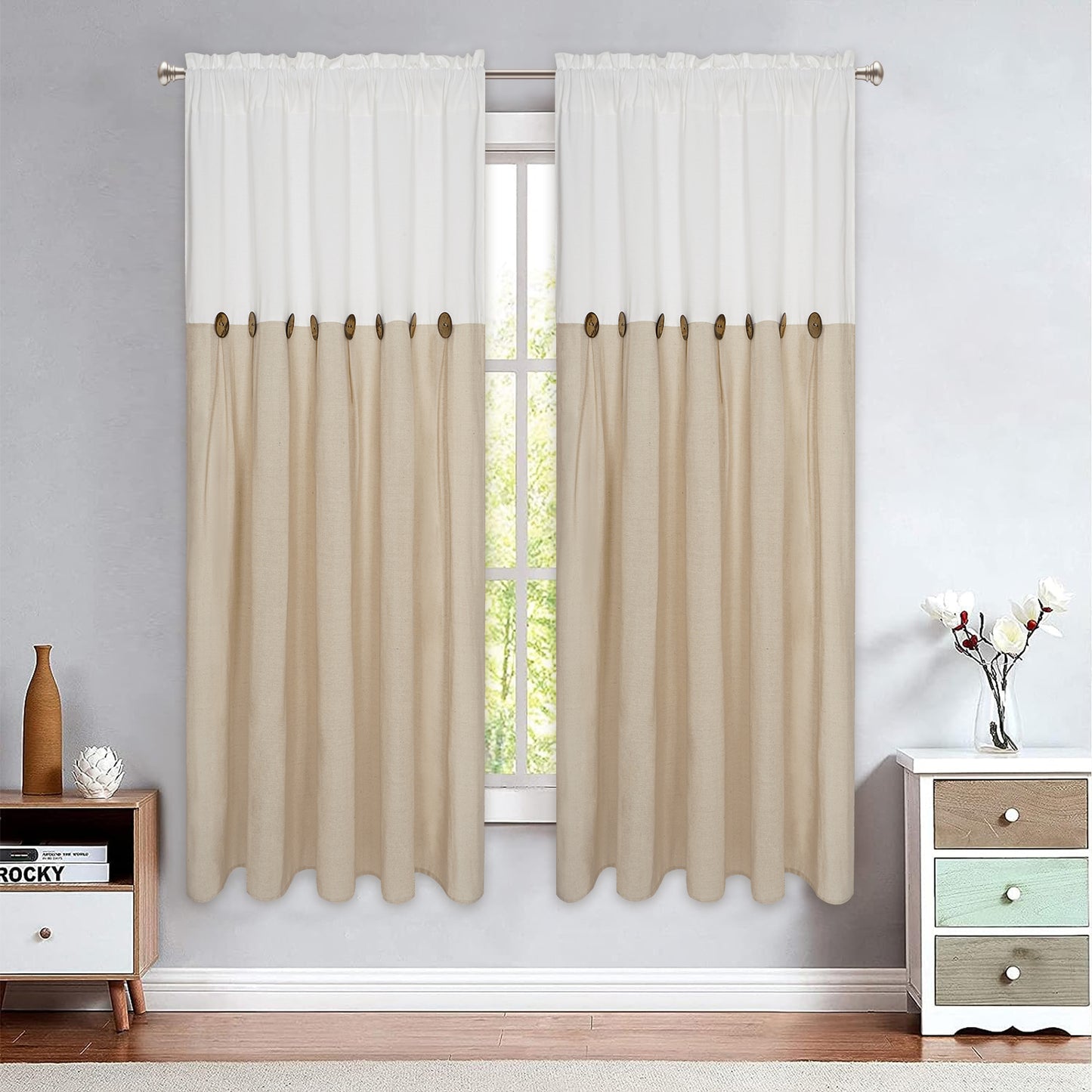 Alishomtll Linen Curtains Farmhouse Boho Button Light Filtering Window Drapes For Living Room Bedroom,Rod Pocket,63"L x 52"W, 2 Panel,Linen White