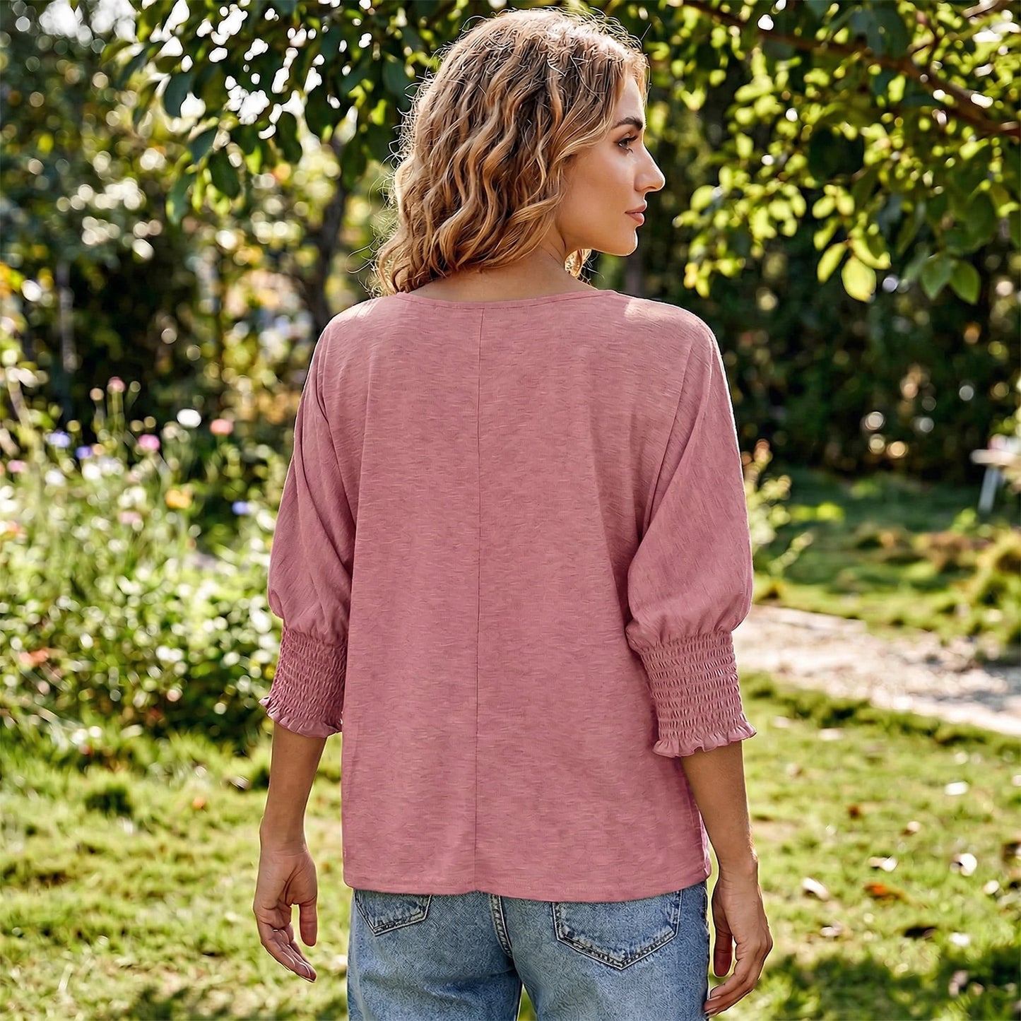 Gingprous 3/4 Sleeve Blouse for Women Smocked Cuffs Tee Tops Loose Casual Tee Shirt