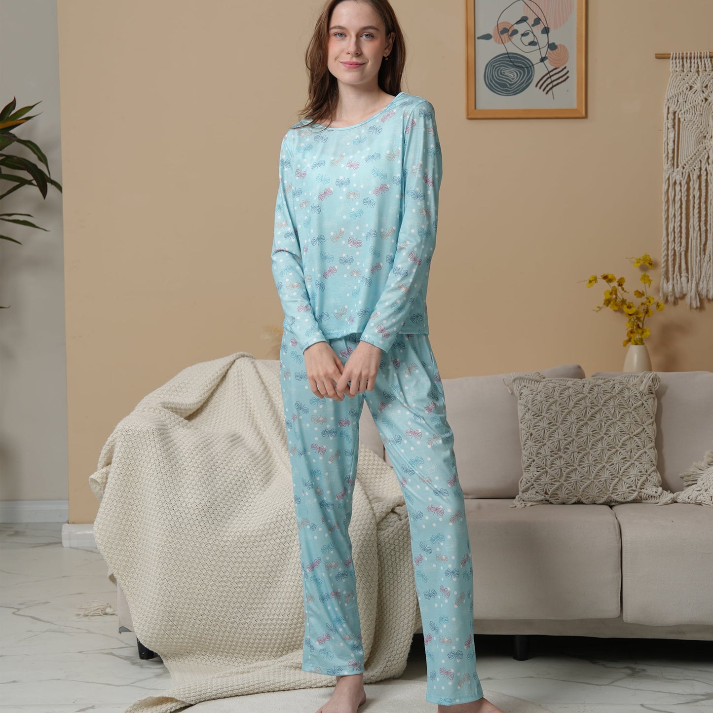 MecTo Women Pajamas Sets Cotton Pj Set Long Sleeve Top with Long Pants Sleepwear 2 Piece Lounge Set