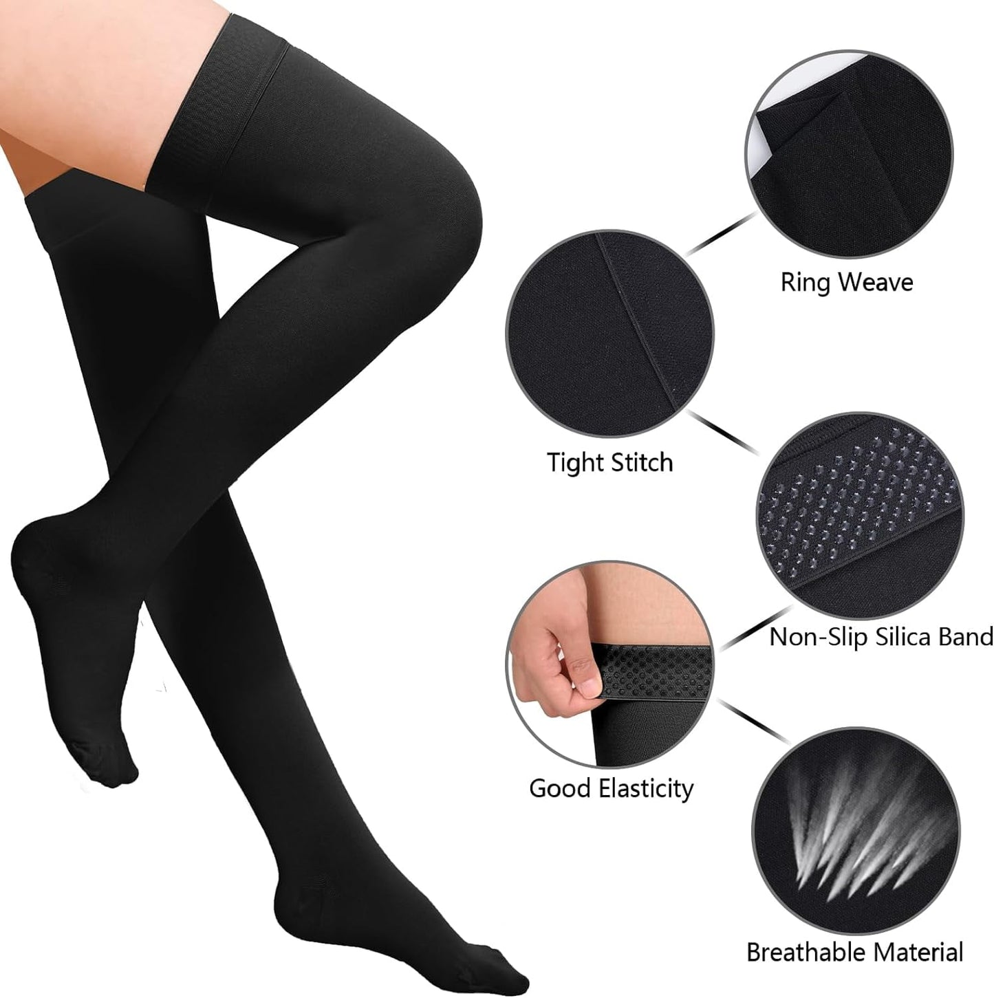 1 Pair Wukang 20-32mmHg Black L Size Thigh High Compression Stocking Closed Toe Compression Socks for Women & Men