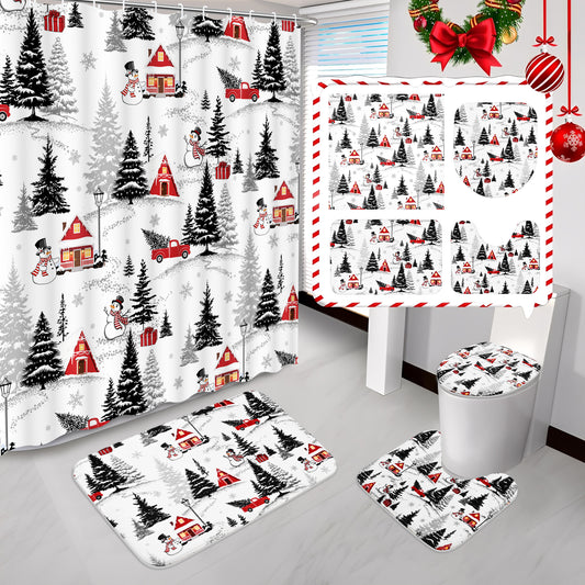 FRAMICS Christmas Snowman Shower Curtain Sets with Rugs, 16 Pcs Pine Tree Truck Bathroom Sets, Waterproof Fabric Bathroom Curtain for Home Holiday Decor with Hooks