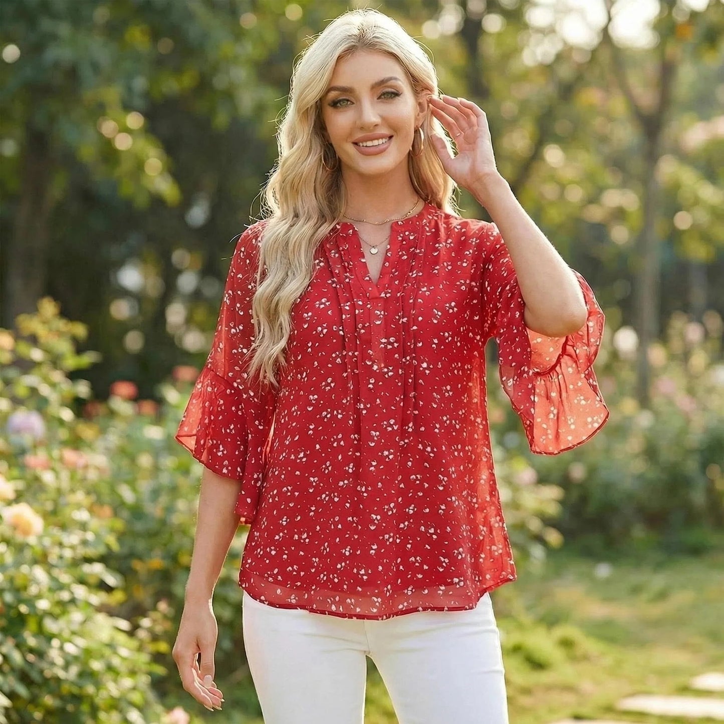 Gingprous Chiffon V-neck Blouse for Women Ruffed 3/4 Sleeve Tops Baggy Casual Business Blouse