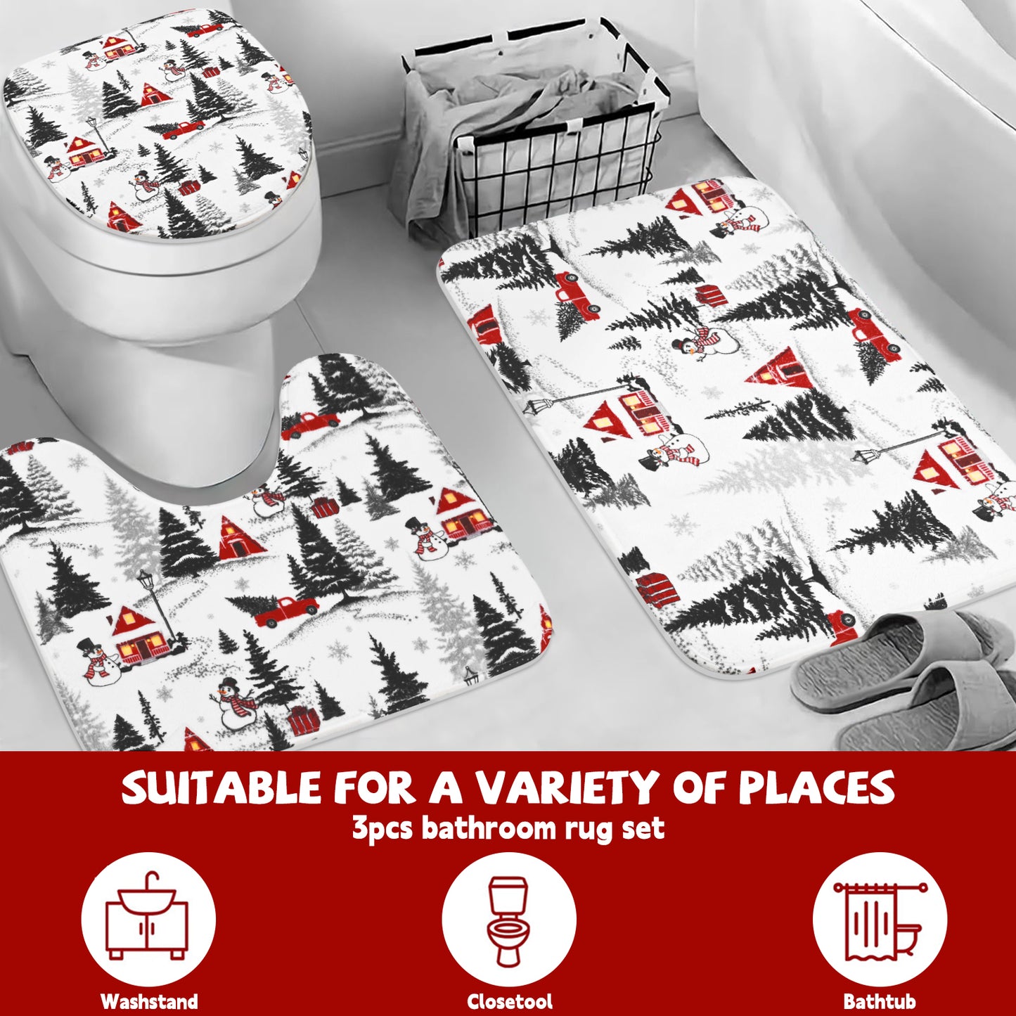 FRAMICS Christmas Snowman Shower Curtain Sets with Rugs, 16 Pcs Pine Tree Truck Bathroom Sets, Waterproof Fabric Bathroom Curtain for Home Holiday Decor with Hooks