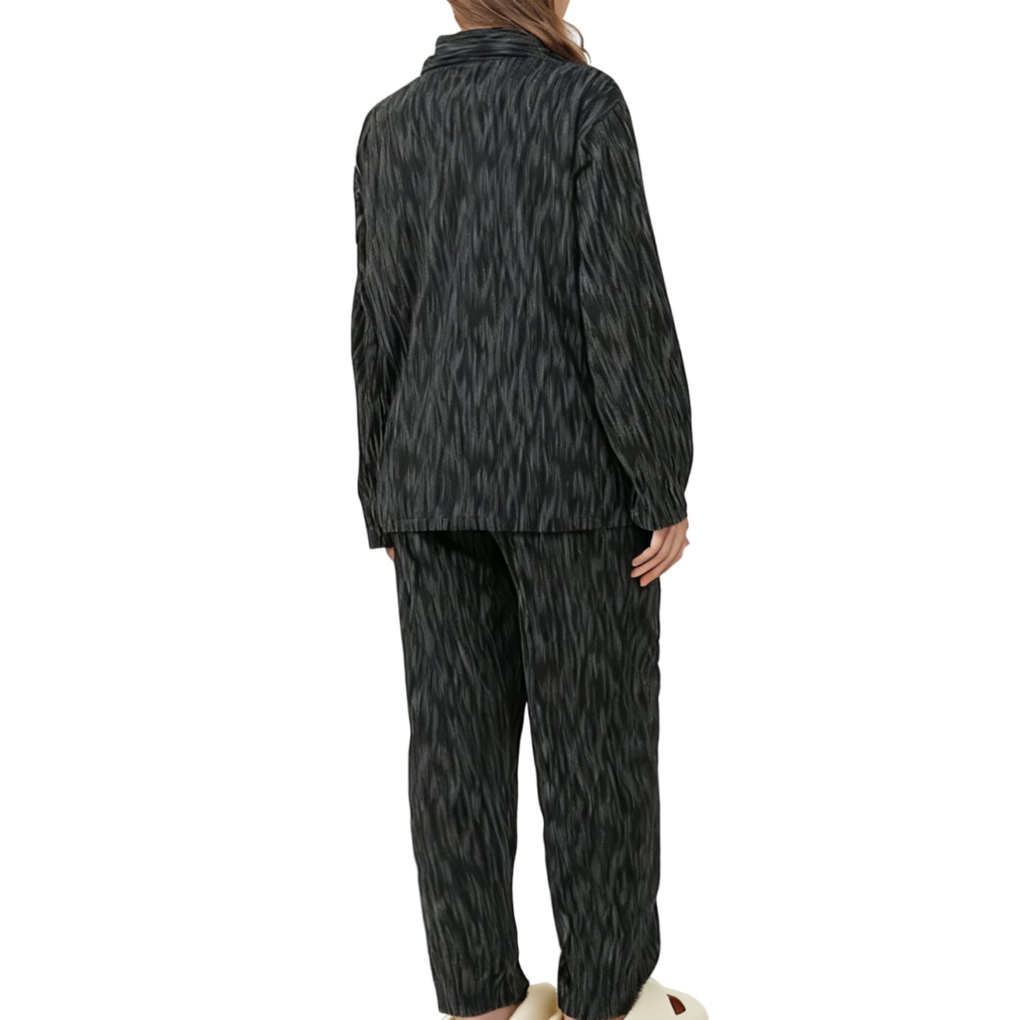 Mecto Women's Pajamas Sets Dark Texture Pattern Black Long Sleeves Shirt with and Pants Two Piece Lady PJ Set