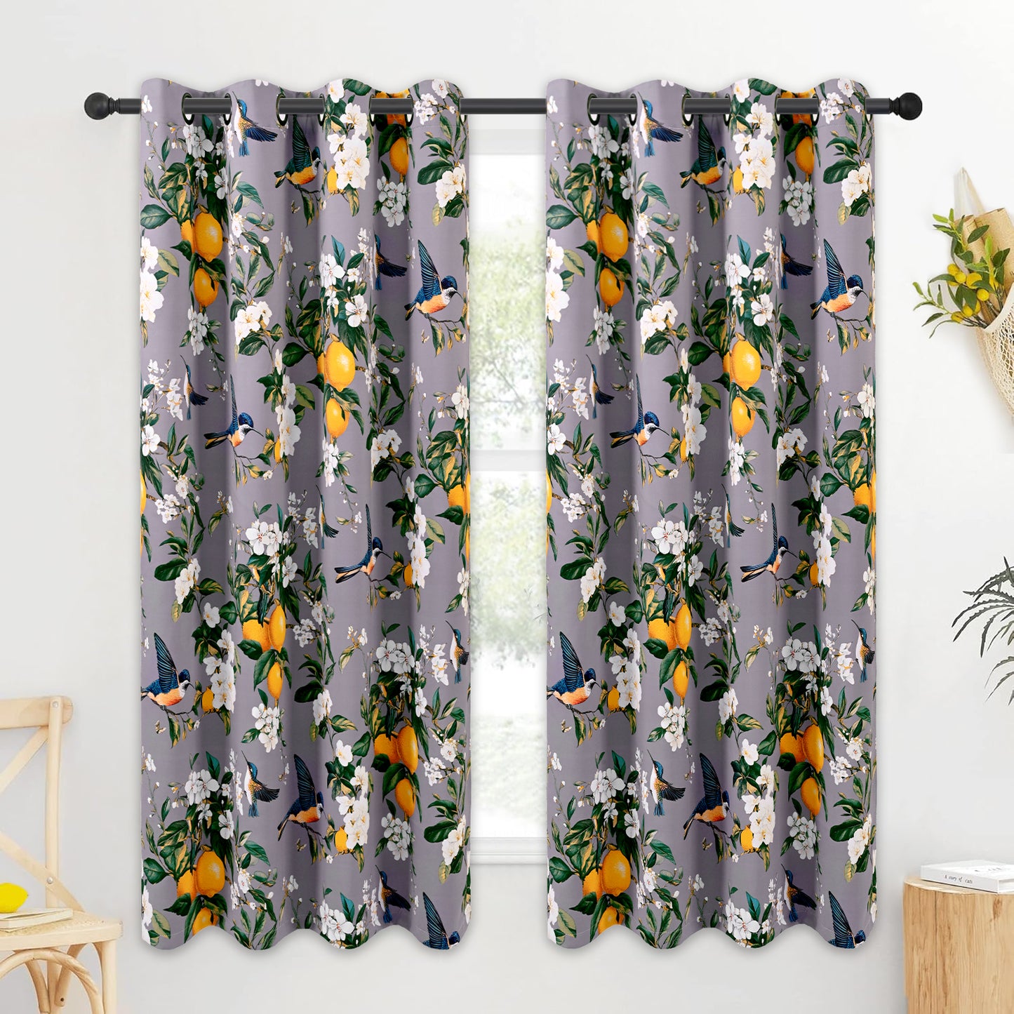 Alishomtll Floral Lemon Hummingbird Blackout Curtains Room Darkening Grommet Window Drapes for Living Room , 52"x63", ,Set of 2 Panels,Grey